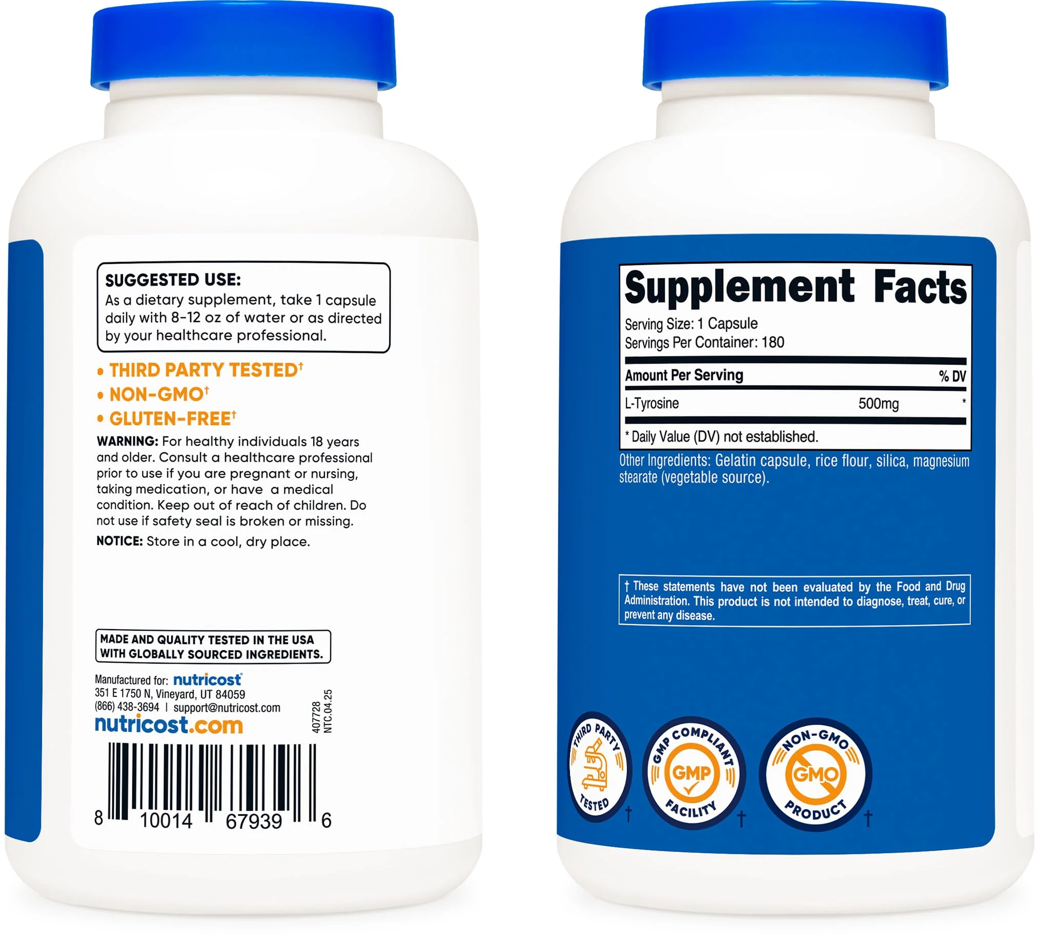 Nutricost L-Tyrosine 500mg, 180 Capsules - Gluten Free & Non-GMO - Image 4