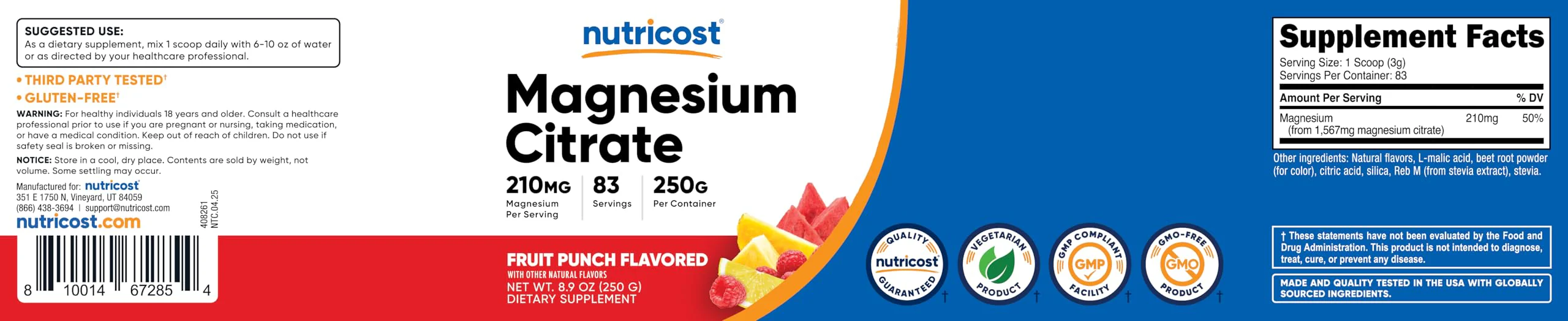 Nutricost Magnesium Citrate Powder (Fruit Punch, 250 Gram) - Image 2
