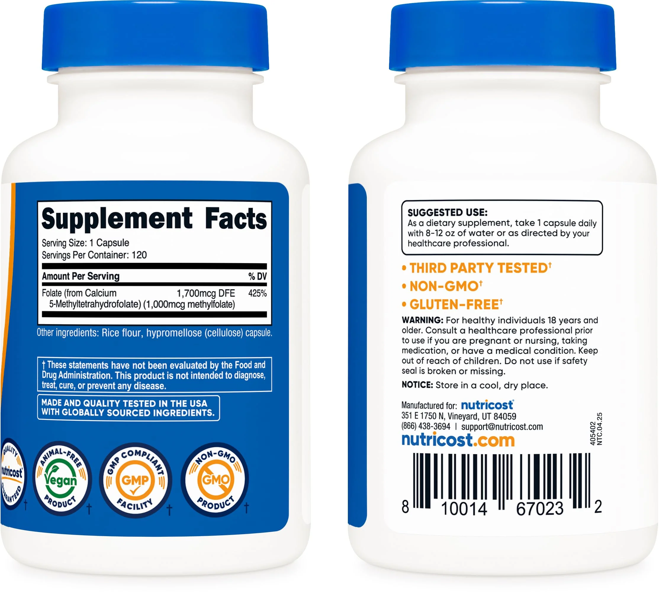Nutricost Methylfolate 1000mcg, 120 Vegetarian Capsules - Gluten Free, Non-GMO (Methylated Folate) - Image 6