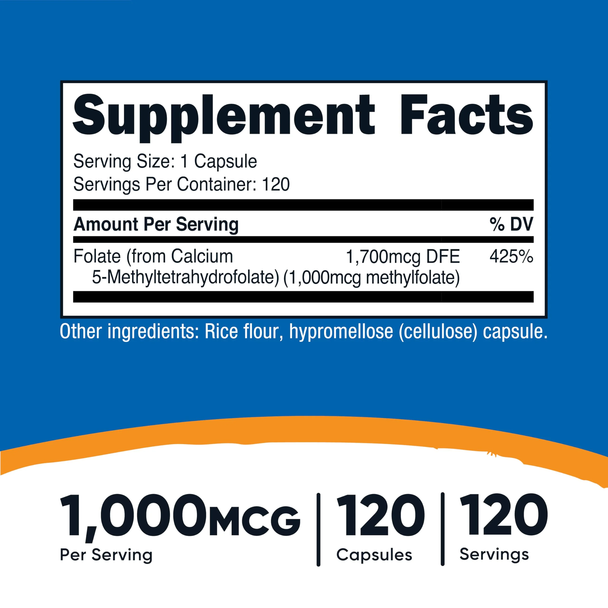 Nutricost Methylfolate 1000mcg, 120 Vegetarian Capsules - Gluten Free, Non-GMO (Methylated Folate) - Image 8