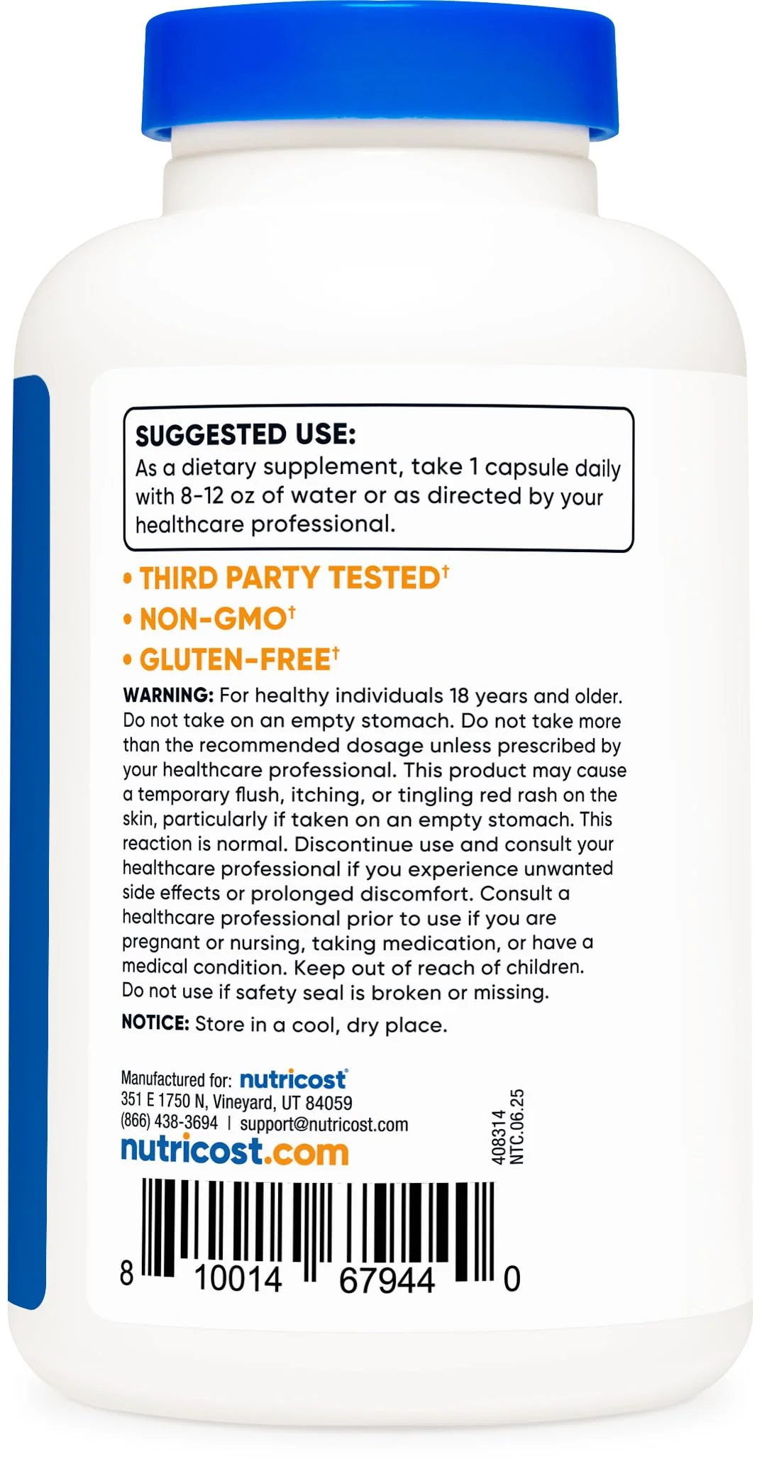 Nutricost Niacin (Vitamin B3) 500mg, 240 Capsules - with Flushing, Non-GMO, Gluten Free - Image 3