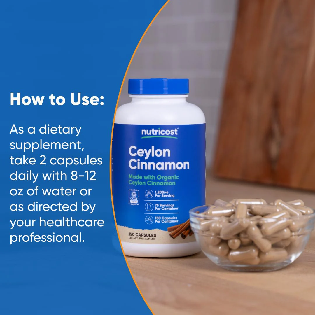 Nutricost Organic Cinnamon (Ceylon Cinnamon) 1,200mg Serving, 150 Capsules - Gluten Free, Non-GMO - Image 3