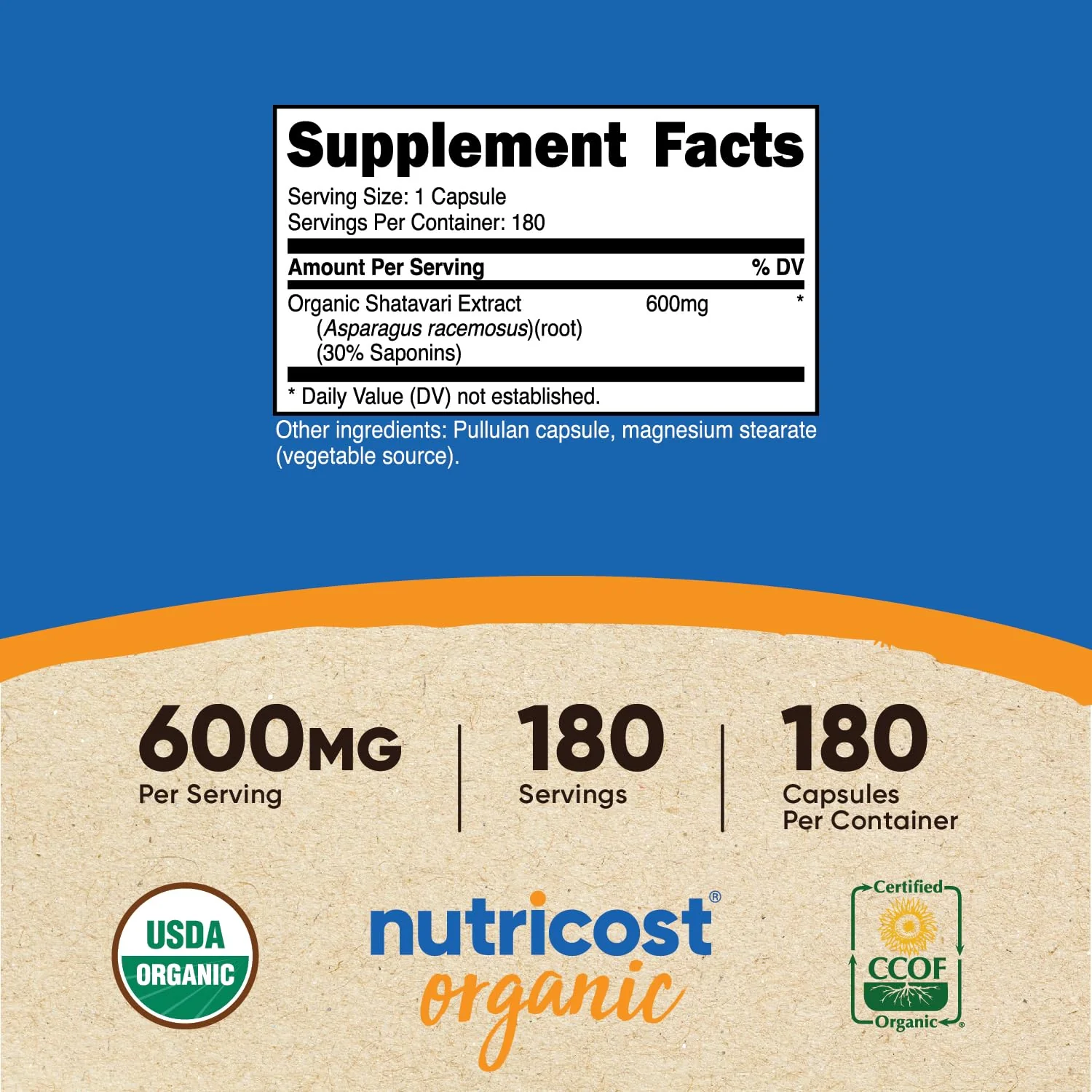Nutricost Shatavari 600mg, 180 Capsules, 180 Servings - CCOF Certified Made with Organic Shatavari, Non-GMO, Gluten Free, Vegetarian Friendly - Image 5