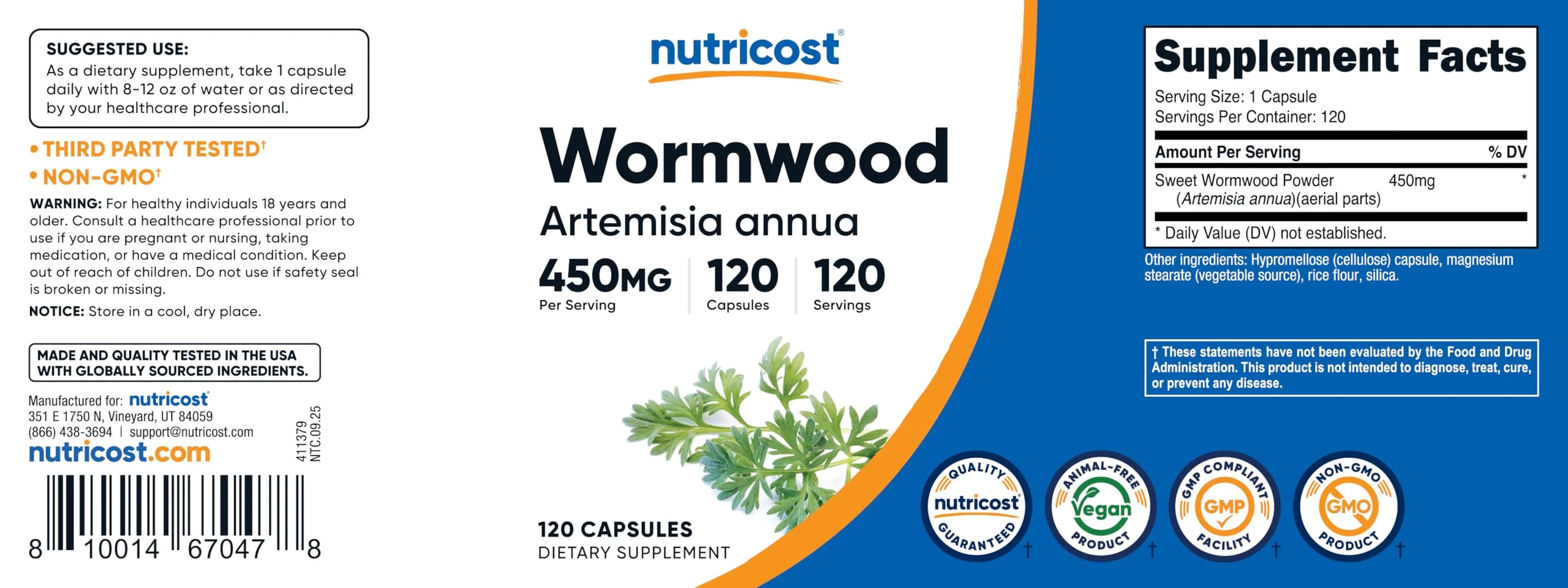 Nutricost Wormwood Capsules 450mg 120 Capsules - Vegetarian Caps, Gluten Free and Non-GMO - Image 2