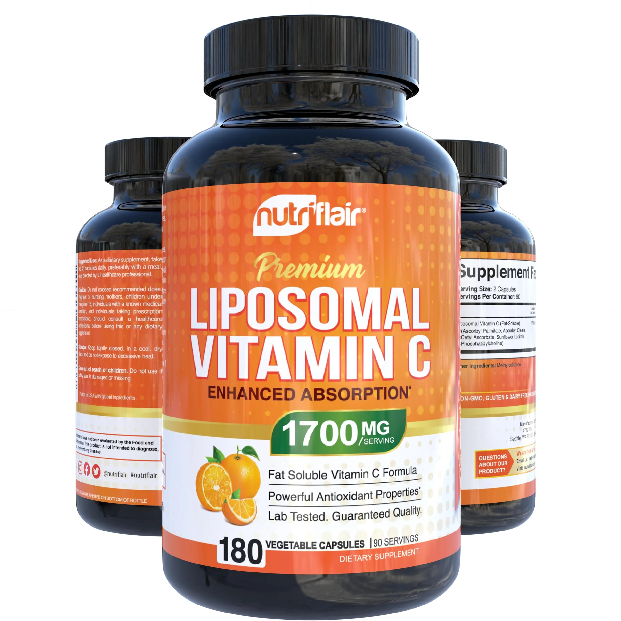 NutriFlair Liposomal Vitamin C 1700mg, 180 Capsules - High Absorption, Fat Soluble VIT C, Higher Bioavailability Immune System Support & Collagen Booster, Non-GMO, Vegan Pills - Image 6