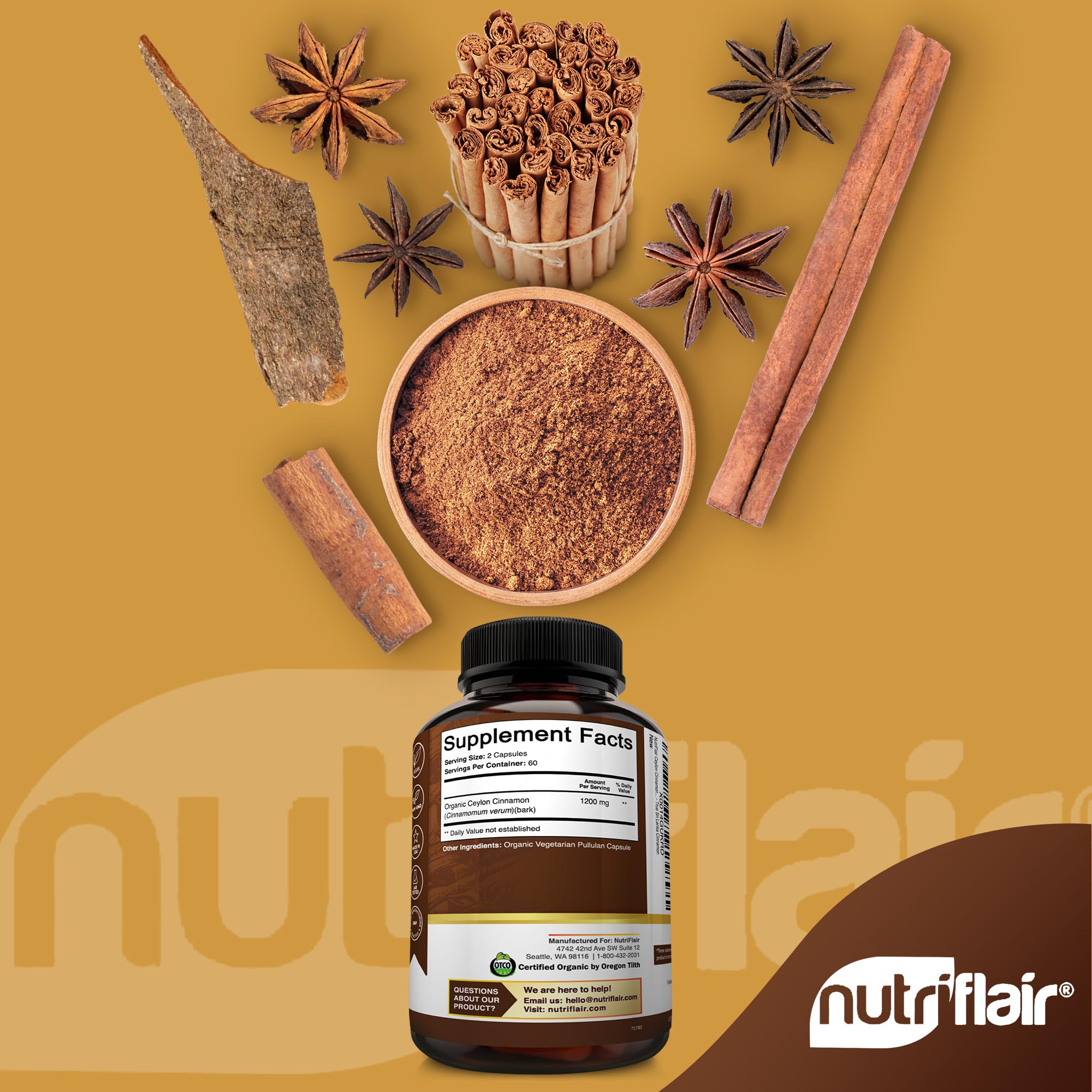 NutriFlair Organic Ceylon Cinnamon Supplement 1200mg, 120 Capsules - USDA Certified - Non-GMO, Gluten Free Powder, Antioxidant Pills - Image 6