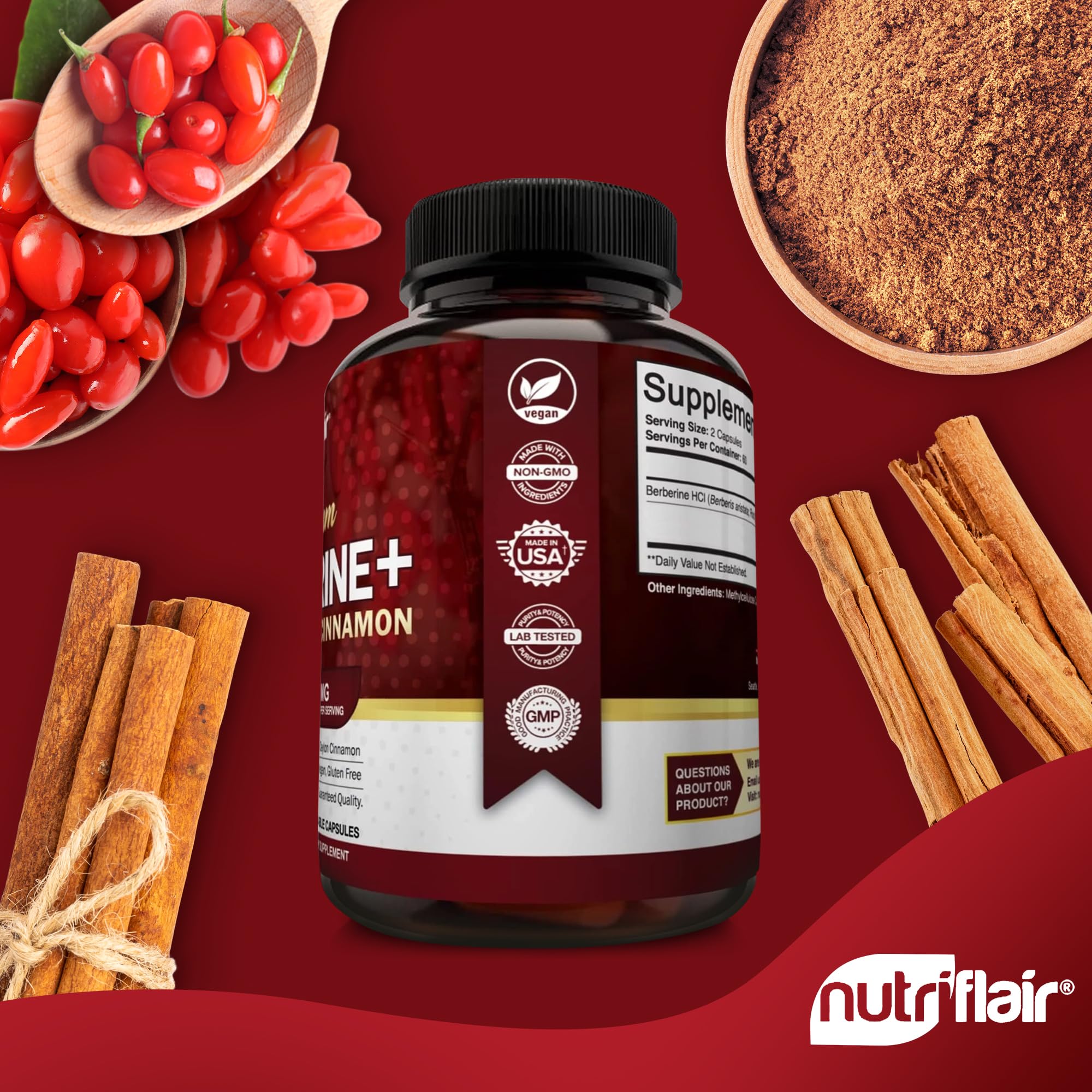NutriFlair Premium Berberine HCL 1200mg, 120 Capsules - Plus Pure True Ceylon Cinnamon, Berberine HCI Root Supplements Pills - Immune System - yields an Optimal 8% HCl - Image 9
