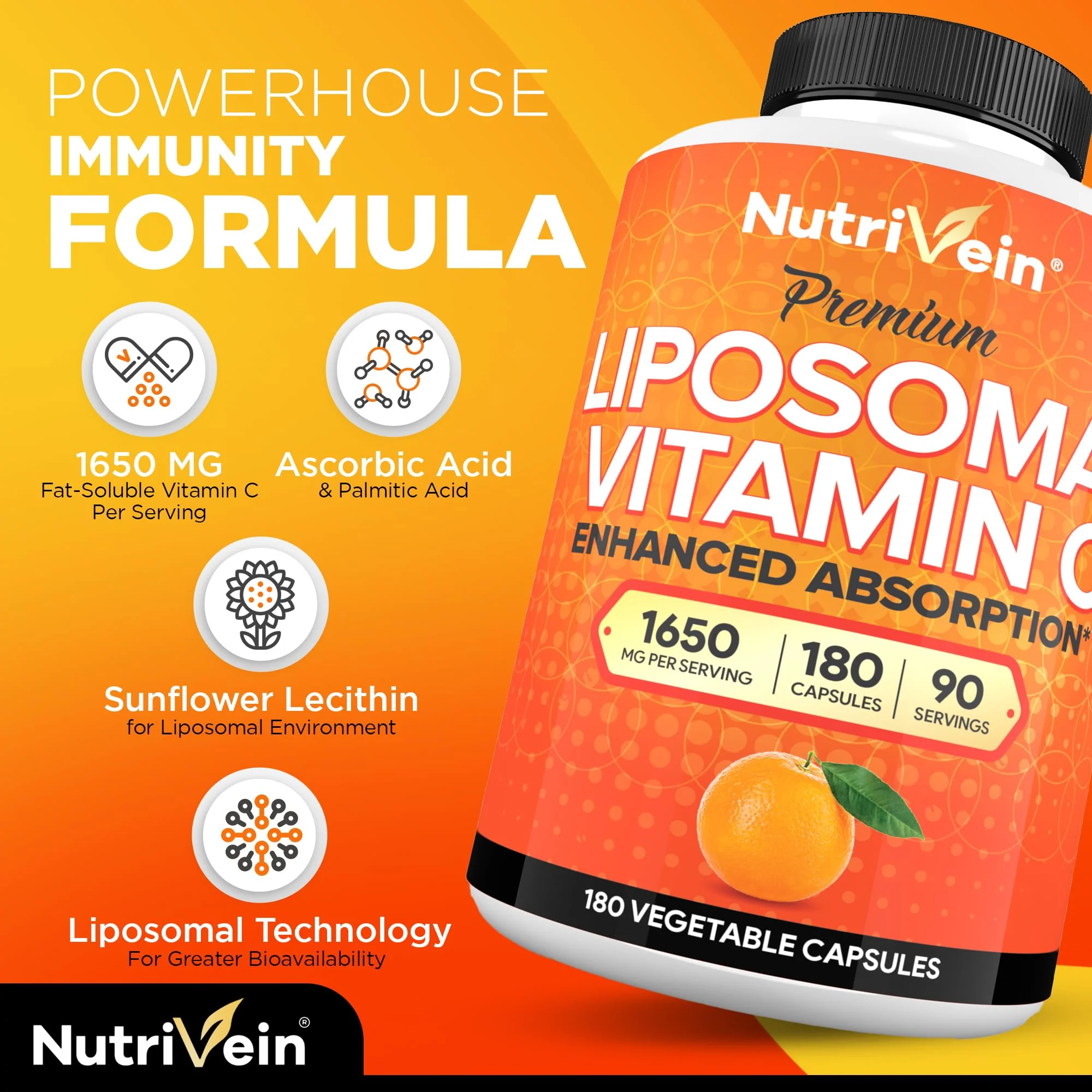 Nutrivein Premium Liposomal Vitamin C Supplement 1650mg - 180 Caps: High-Absorption High Dose Vitamin C Capsules for Whole-Body Defenses & Overall Well-Being - Image 12