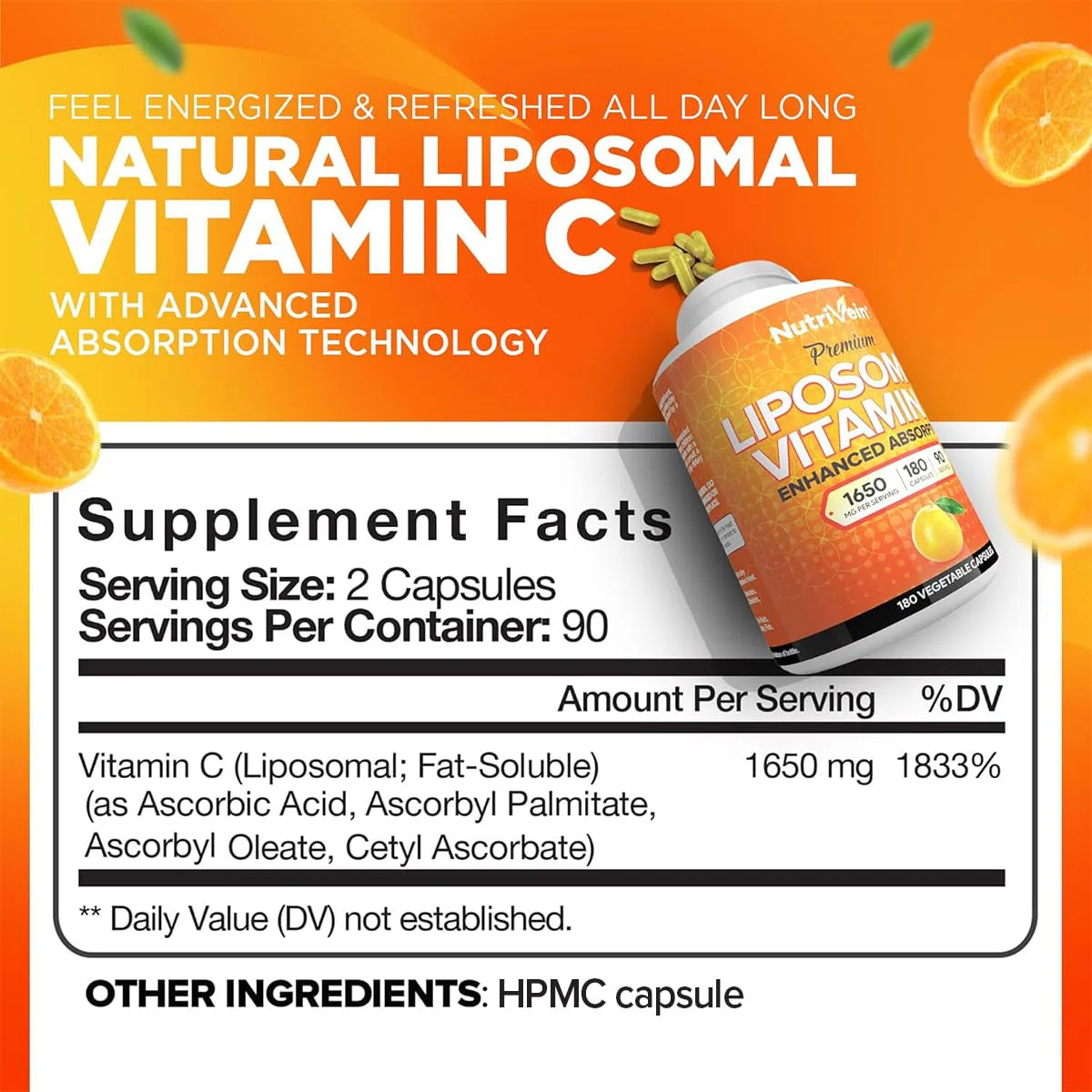 Nutrivein Premium Liposomal Vitamin C Supplement 1650mg - 180 Caps: High-Absorption High Dose Vitamin C Capsules for Whole-Body Defenses & Overall Well-Being - Image 7