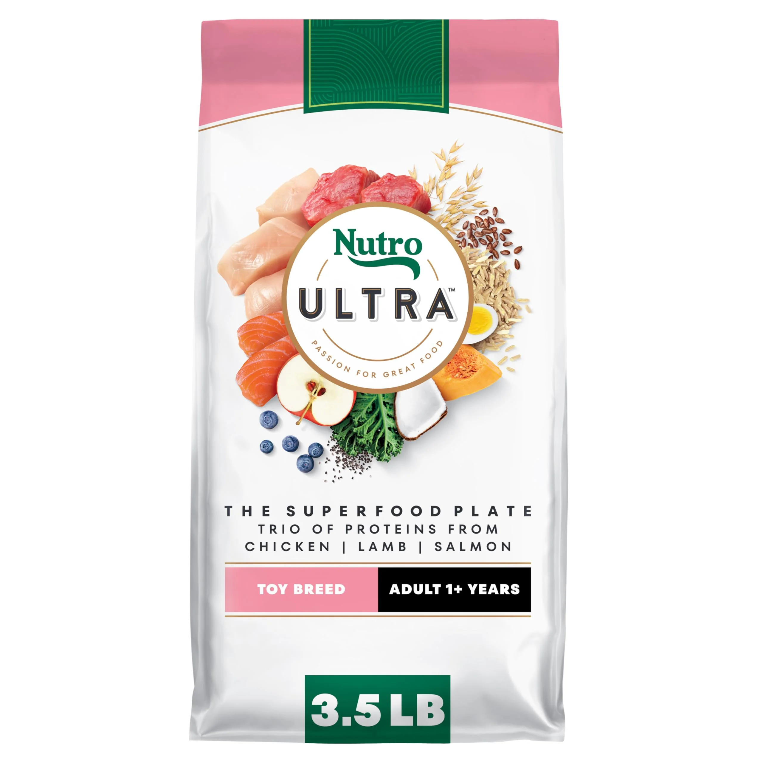 Nutro Ultra Adult Toy Breed Dry Dog Food, Small Dog Food Dry Chicken, Lamb and Salmon Recipe with a Protein Trio, 3.5 lb. Bag