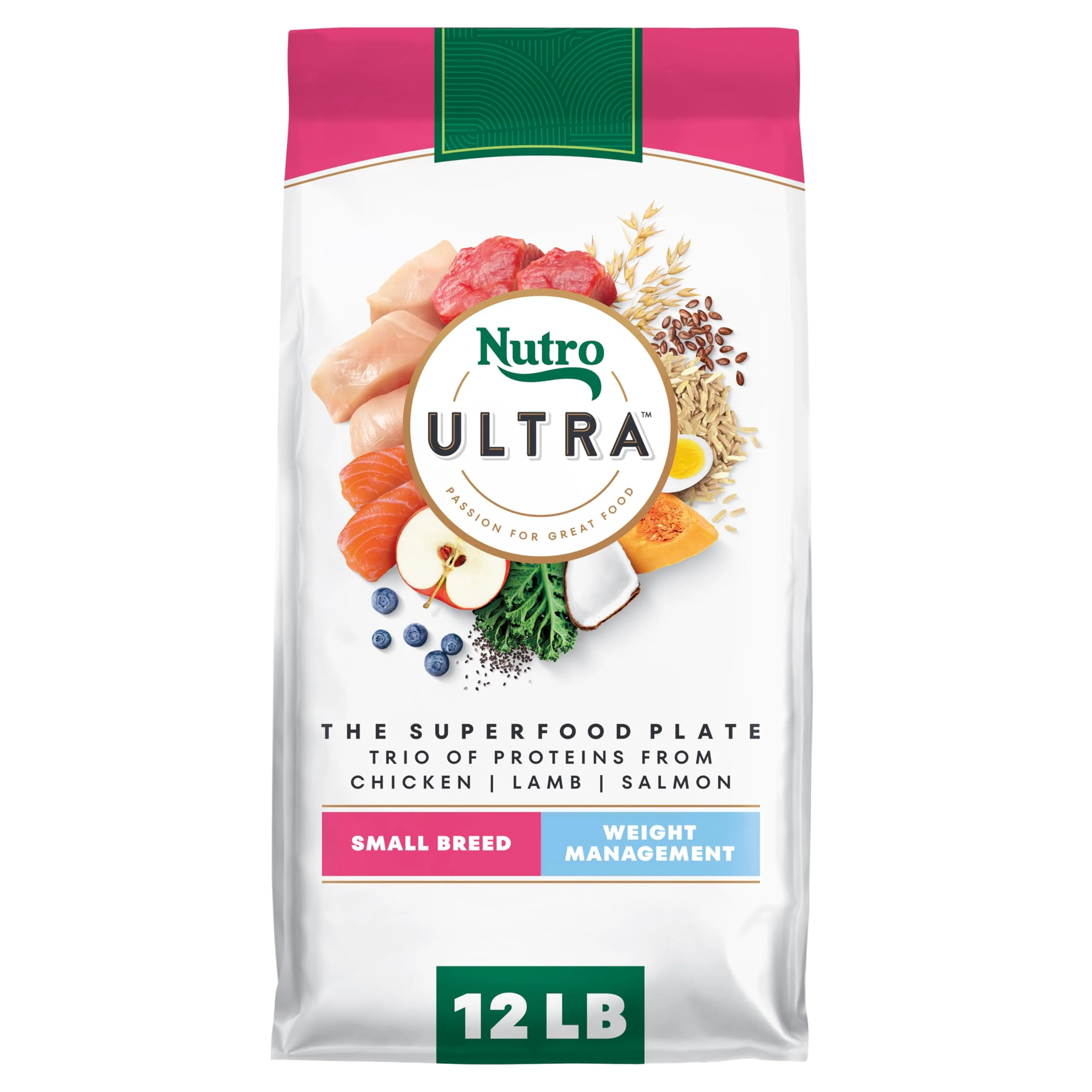 Nutro Ultra Adult Weight Management Small Breed Dry Dog Food, Adult Dog Food Dry Chicken, Lamb and Salmon Protein Trio Recipe, 12 lb. Bag