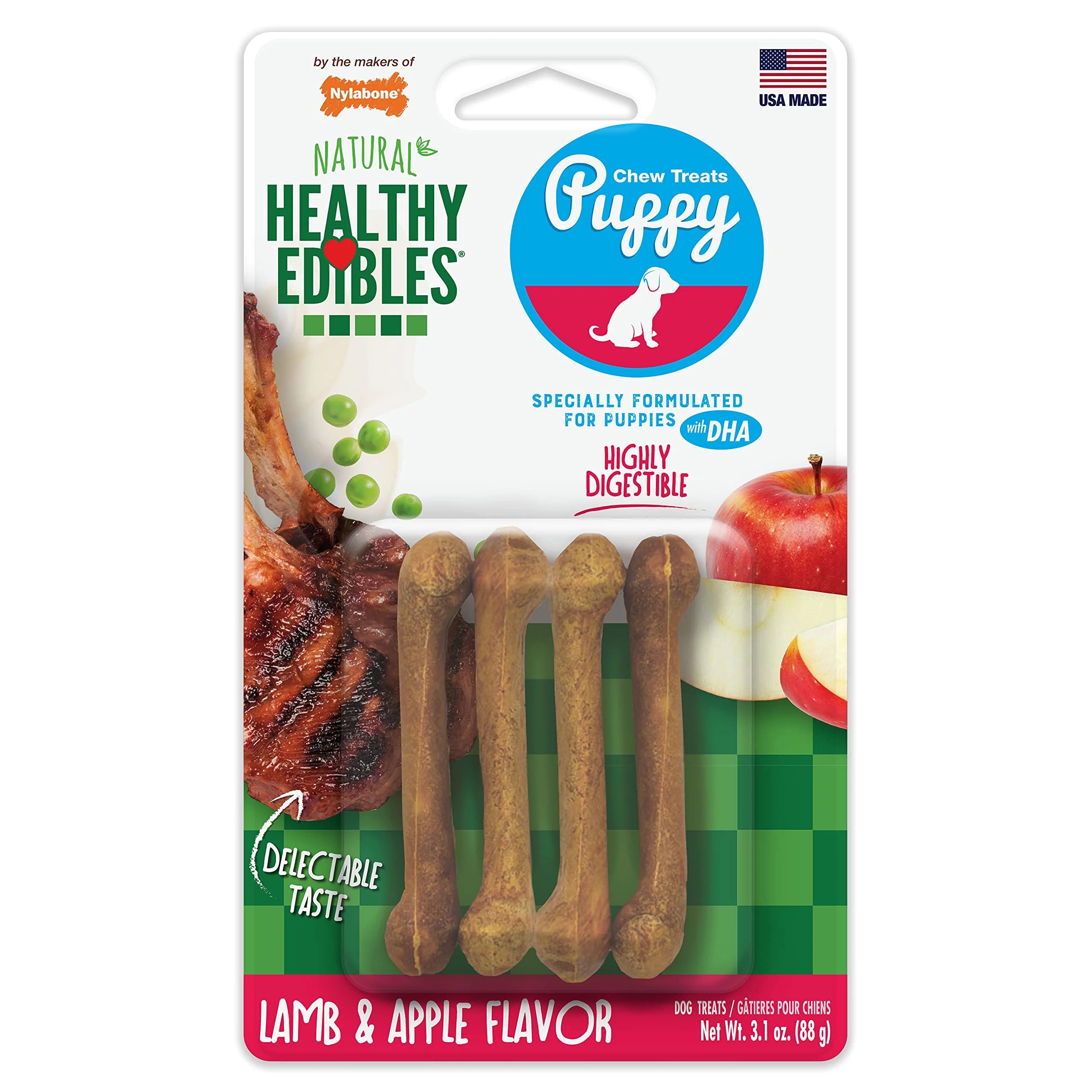 Nylabone Healthy Edibles Natural Puppy Chews Long Lasting Treats for Puppies, Lamb & Apple Flavor, X-Small/Petite (4 Count)