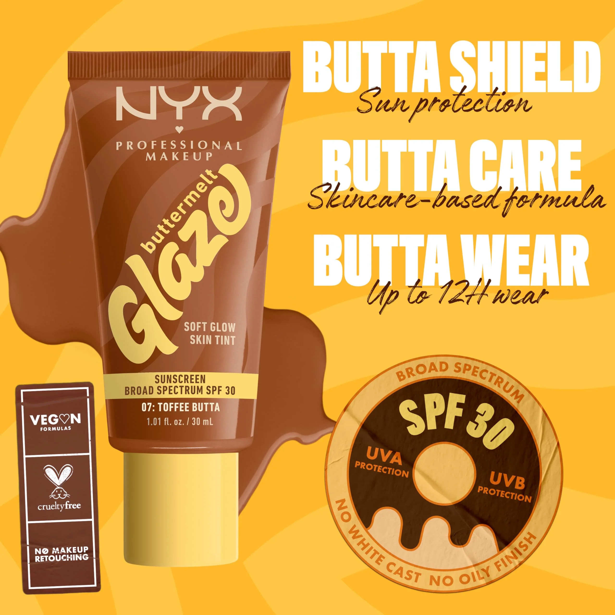 NYX PROFESSIONAL MAKEUP Buttermelt Glaze Soft Glow Skin Tint + SPF 30, Up To 12HR Wear, 07 Toffee Butta - Image 6