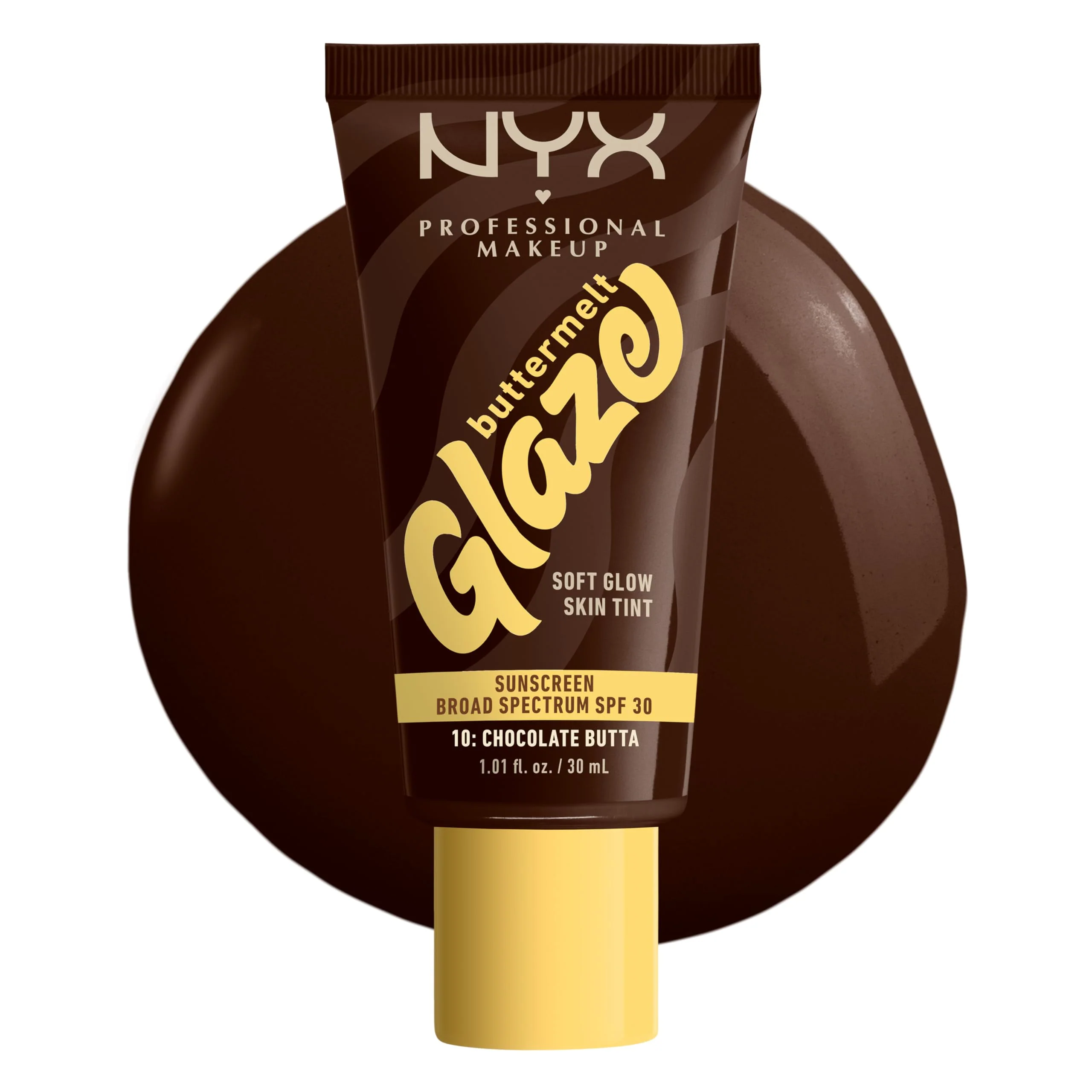 NYX PROFESSIONAL MAKEUP Buttermelt Glaze Soft Glow Skin Tint + SPF 30, Up To 12HR Wear, 10 Chocolate Butta