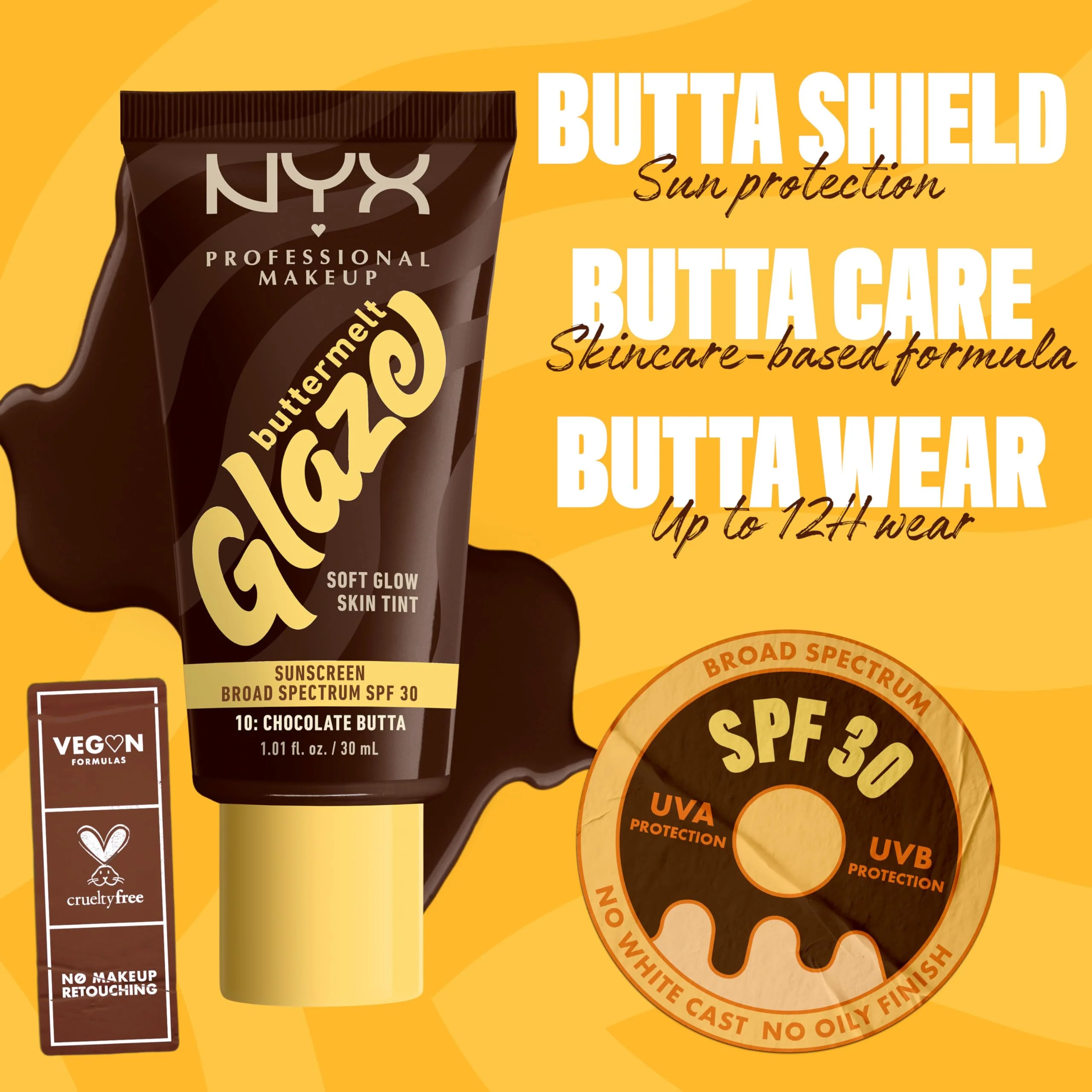 NYX PROFESSIONAL MAKEUP Buttermelt Glaze Soft Glow Skin Tint + SPF 30, Up To 12HR Wear, 10 Chocolate Butta - Image 6