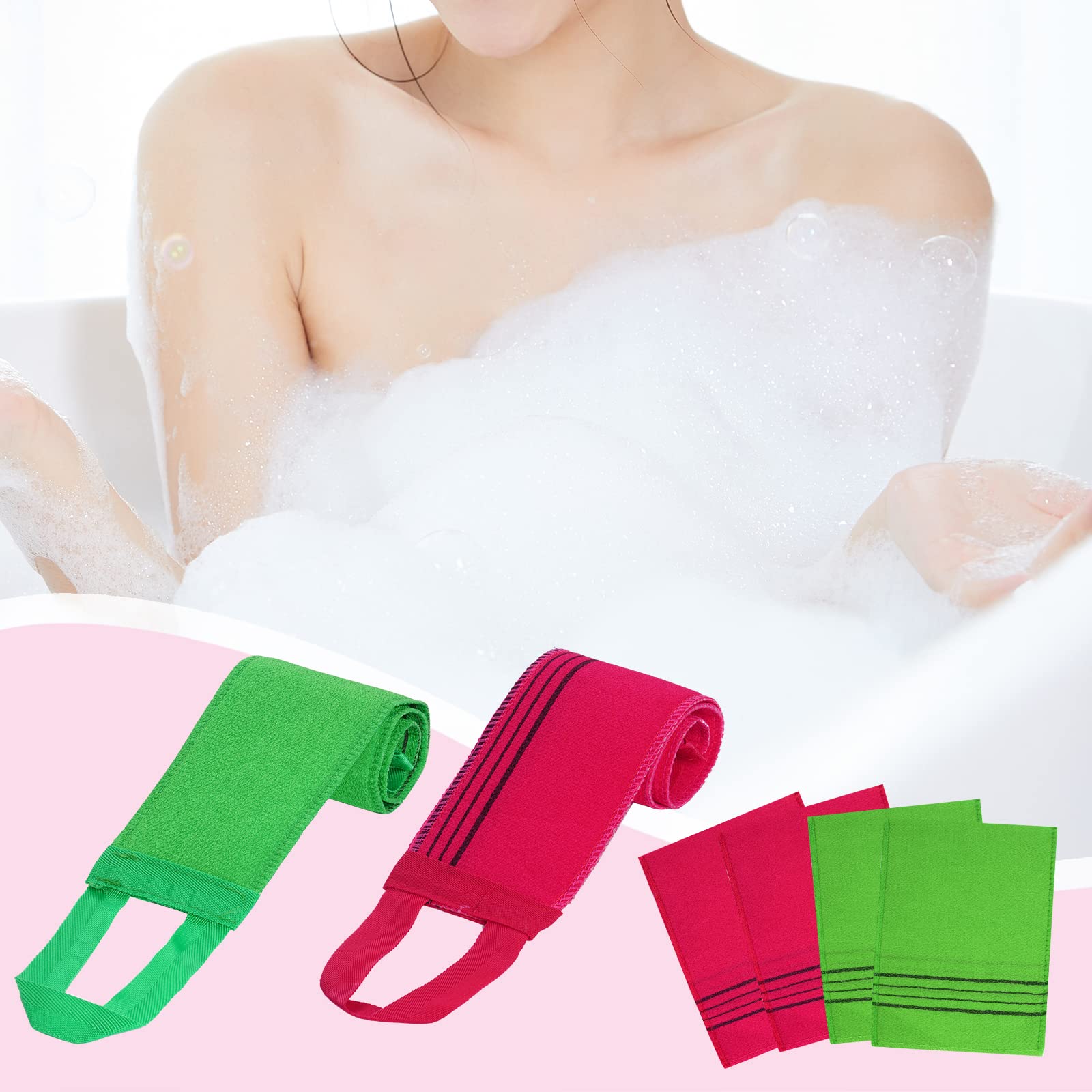 obmwang 6 Pieces Korean Exfoliating Mitts and Washcloth Set, Asian Exfoliating Bath Washcloth and Korean Long Towels Back Scrubber for Women Men Shower Washing - Image 2