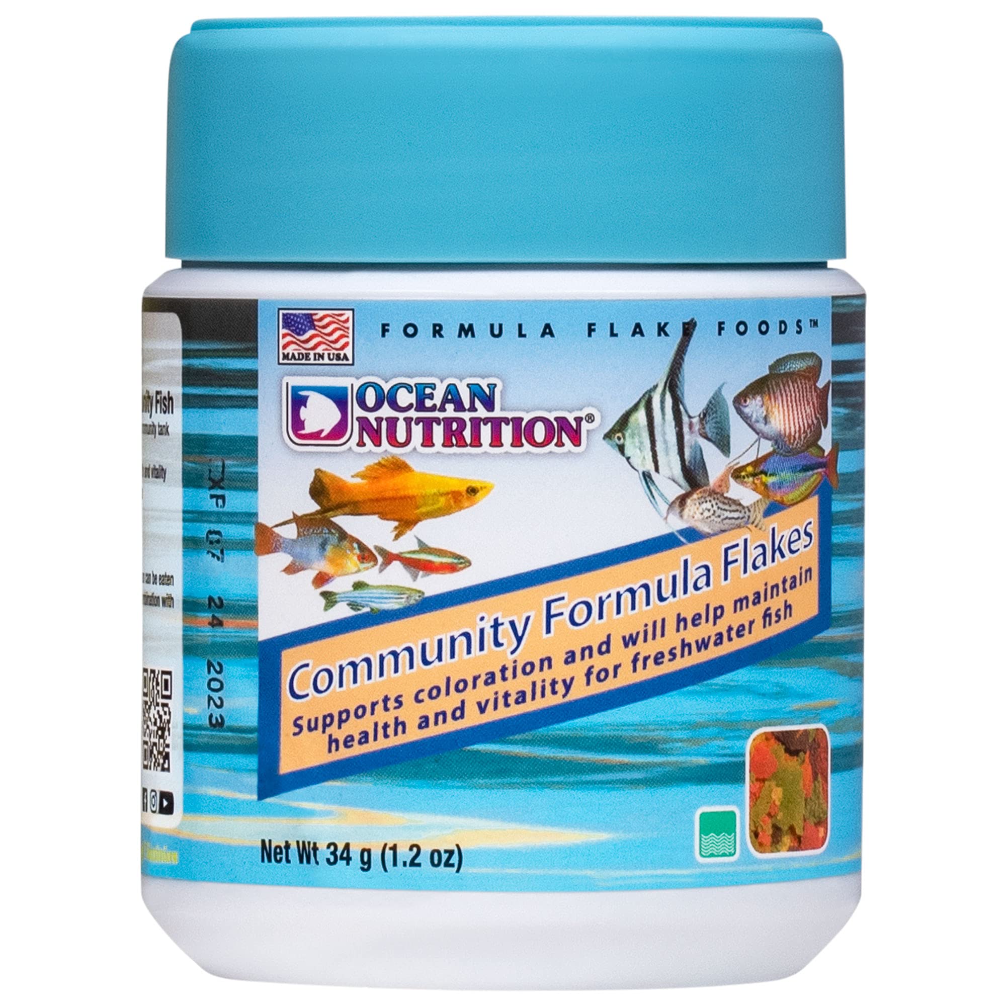 Ocean Nutrition Community Formula Flakes Fish Food - Natural Ingredient Fish Food Flakes for Freshwater Fish - Supports Health & Coloration, Made in USA, 1.2 oz (34 g)