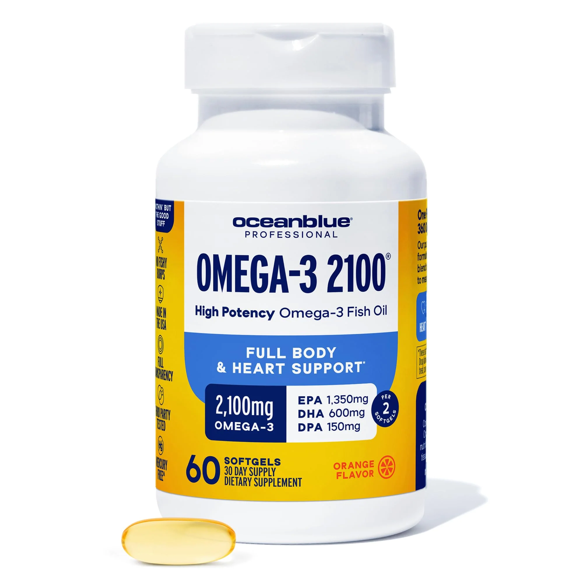 Oceanblue Professional Omega-3 2100mg Fish Oil Supplement Triple Strength, High Potency EPA, DHA & DPA Burpless, Wild-Caught, Natural Orange Flavor 60 Softgels (Pack of 1)