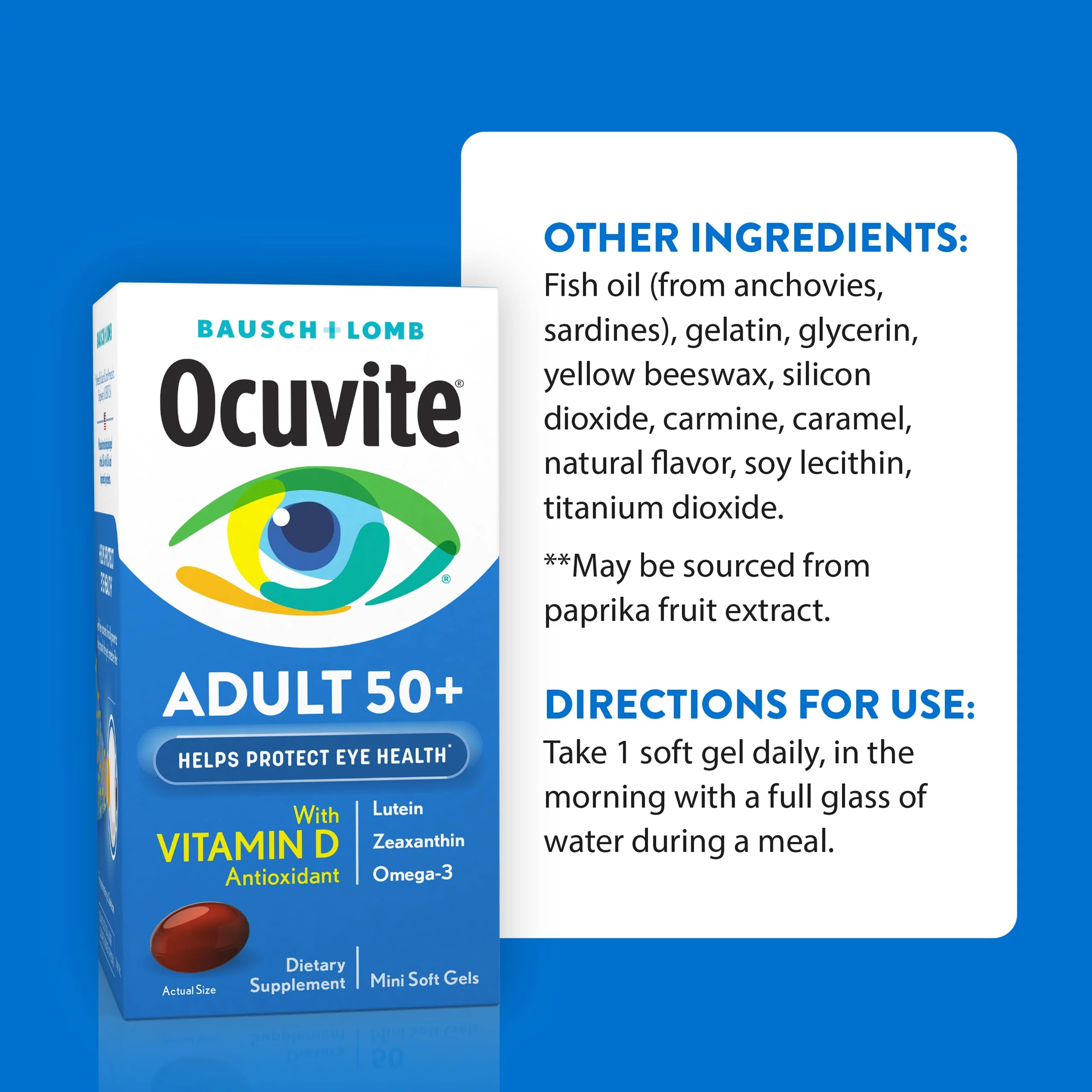 Ocuvite 50+ Eye Vitamin & Mineral Supplement, Multivitamin for Vision & Ocular Health with Omega-3, Zinc, Vitamins C & E, Lutein & Zeaxanthin, Zinc Supplements for Women and Men, 50 Softgels - Image 4