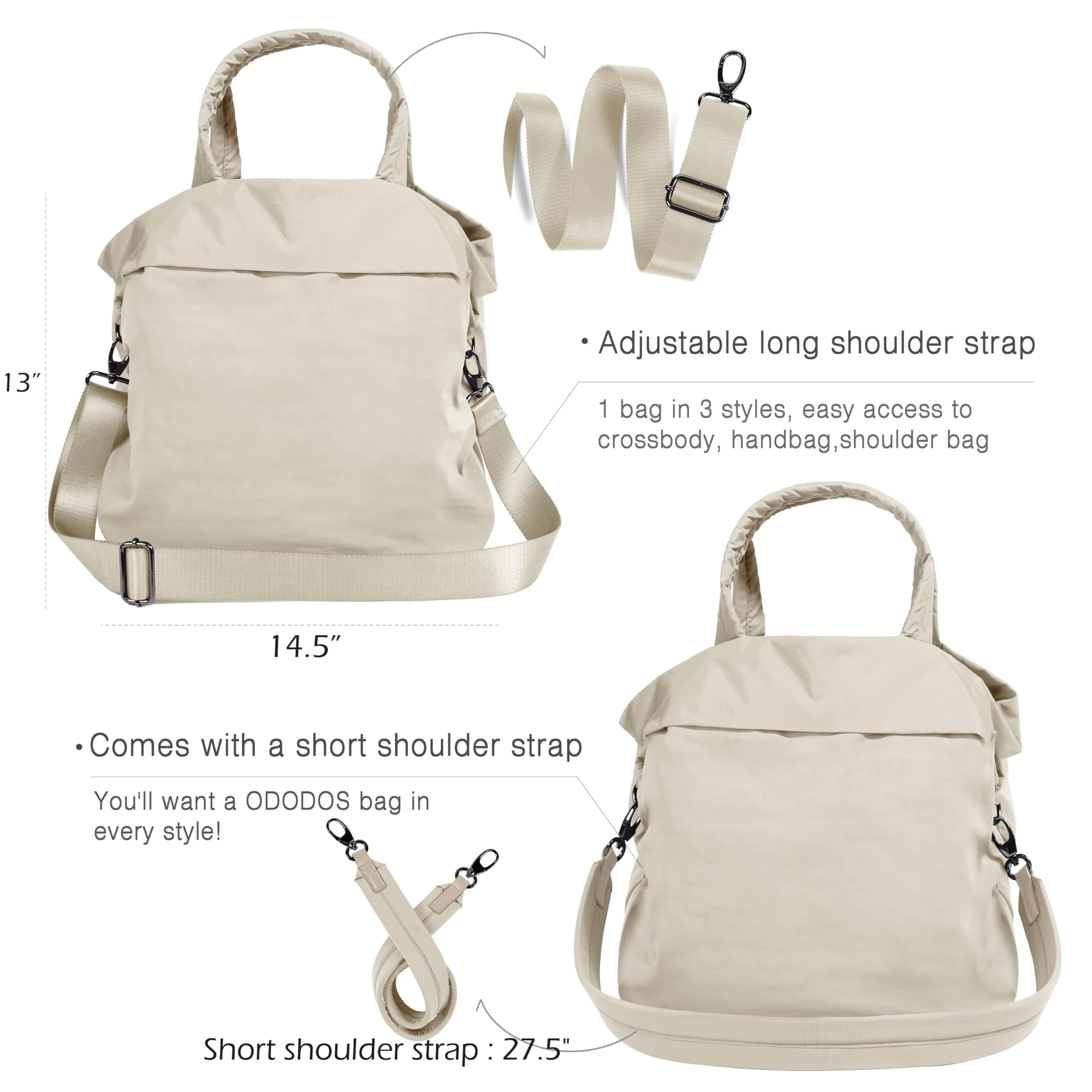 ODODOS 19L Multi Hobo Bags 2.0 with 2 Straps for Women, Totes Handbags, Crossbody Shoulder Bags, Beige - Image 5