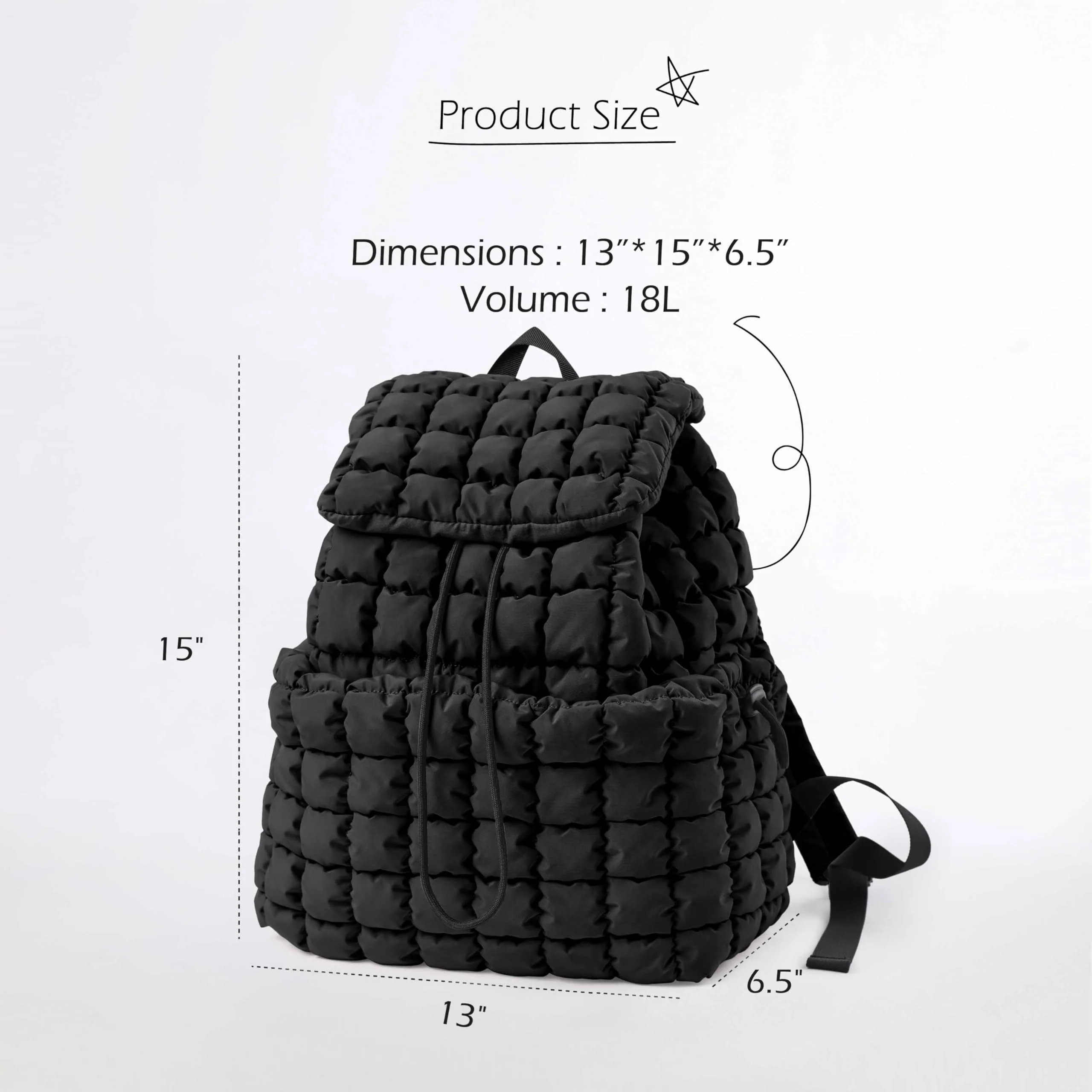 ODODOS Quilted Backpack 2.0 for Women Lightweight Puffer Hiker Pack Drawstring Padding Travel Gym Bag, Black - Image 2