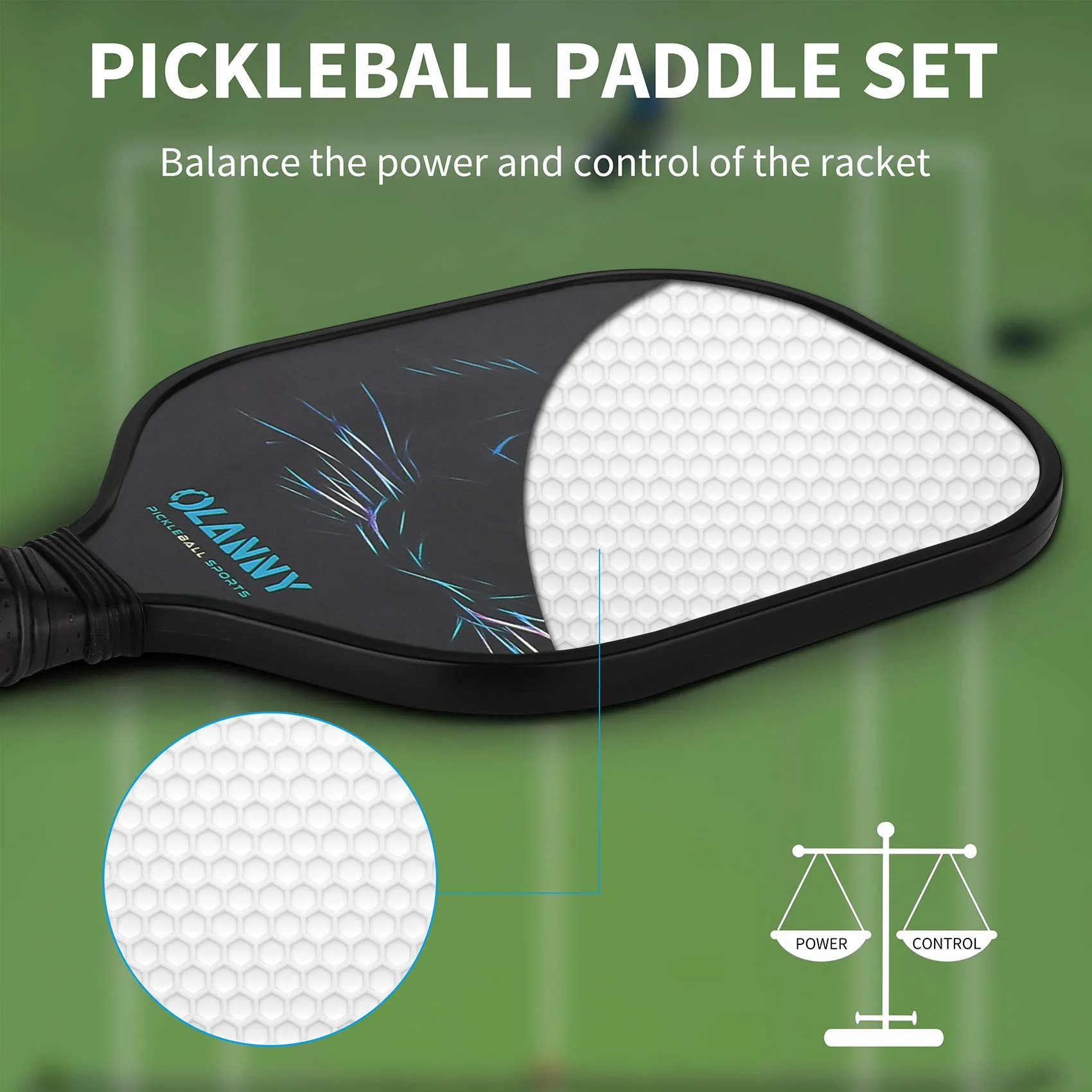 OLANNY Pickle Ball Raquette Set of 4 Lightweight Pickleball Paddle Set Premium Comfort Grip Polymer Honeycomb Core Set of Four Paddles,4 Replacement Soft Grip,4 Balls & Drawstring Bag - Image 5