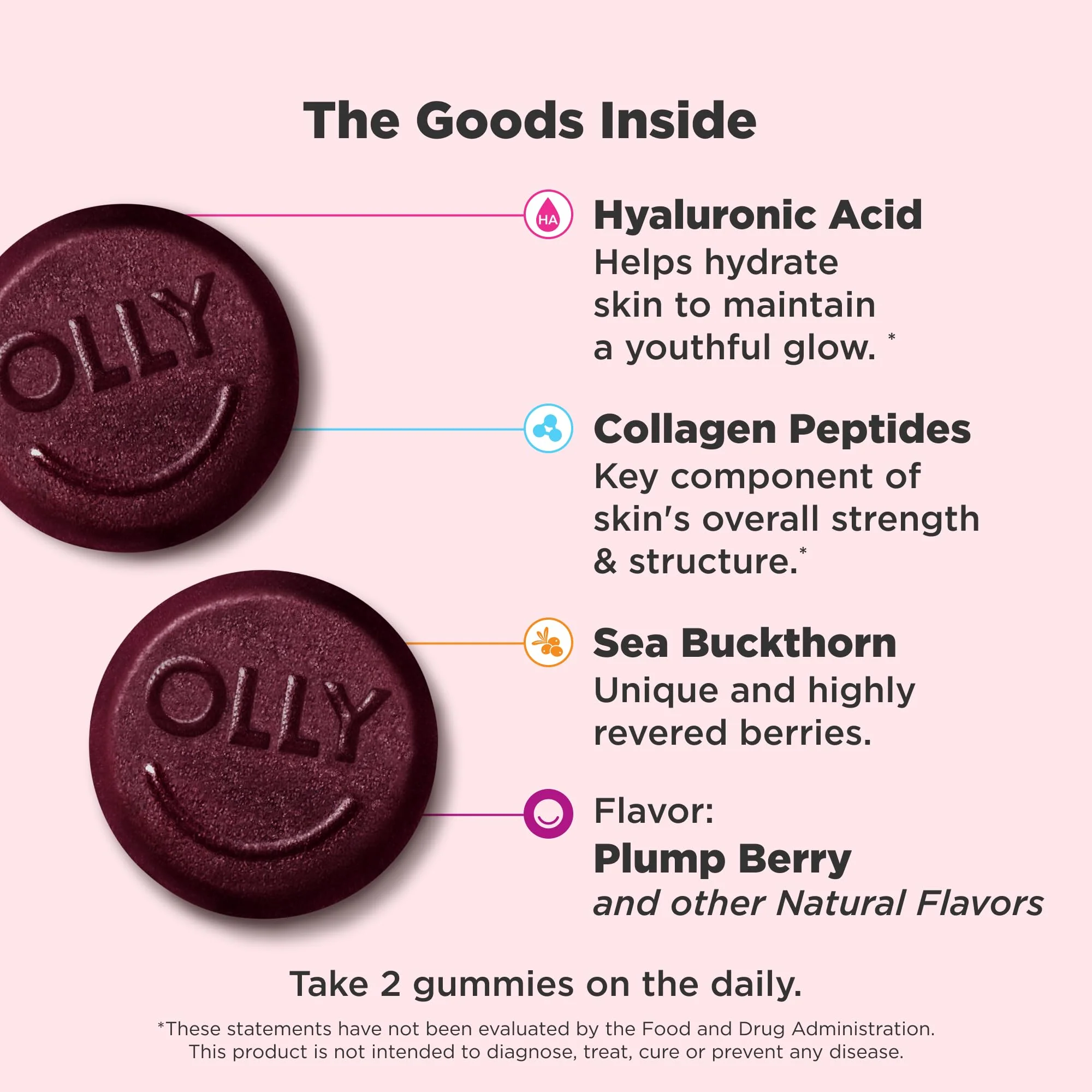OLLY Glowing Skin Gummy, Hydrated & Youthful Skin,* Hyaluronic Acid, Collagen Peptides, Sea Buckthorn, Plump Berry Flavor, 25 Day Supply - 50 Count - Image 9