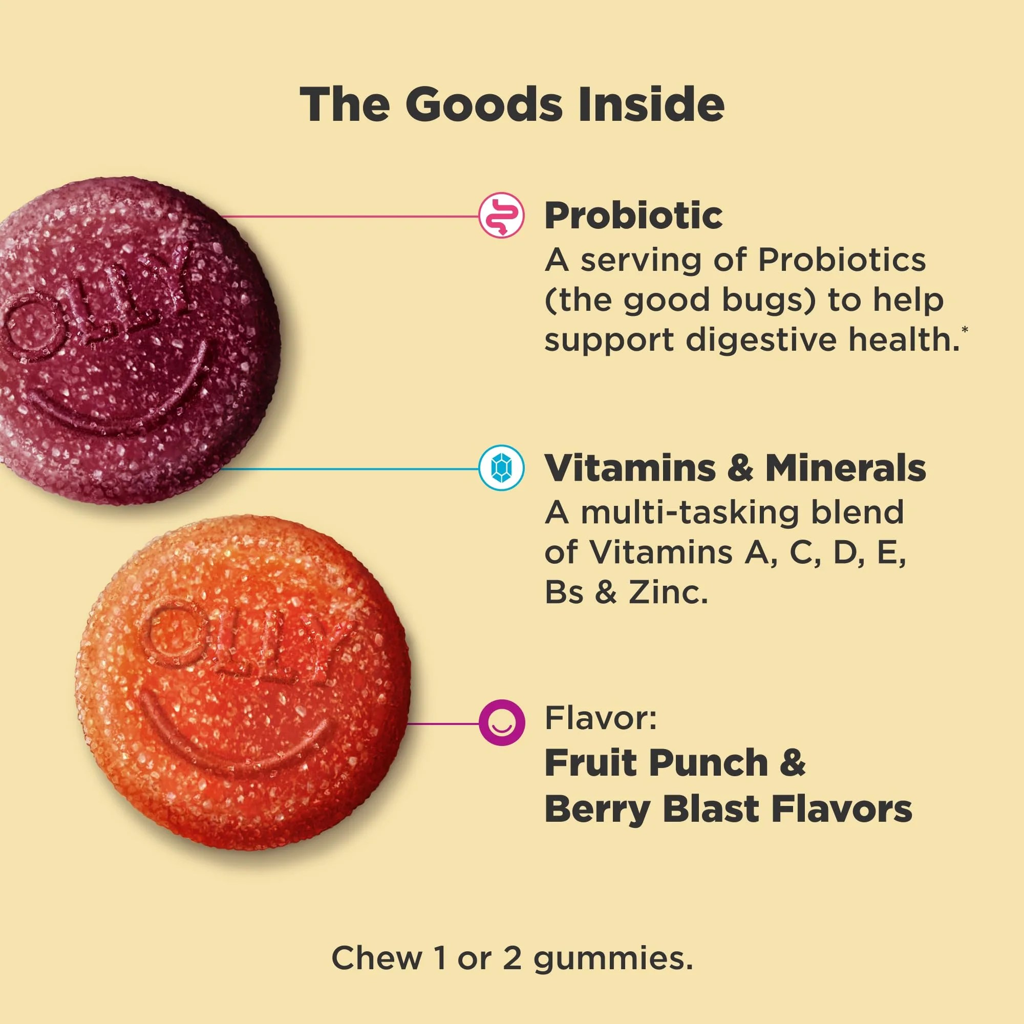 OLLY Kids Multivitamin & Probiotic Gummy, Digestive Support, Vitamins A, D, C, E, B, Zinc, Chewable Supplement, Berry Flavor, 50 day supply - 100 Count - Image 10