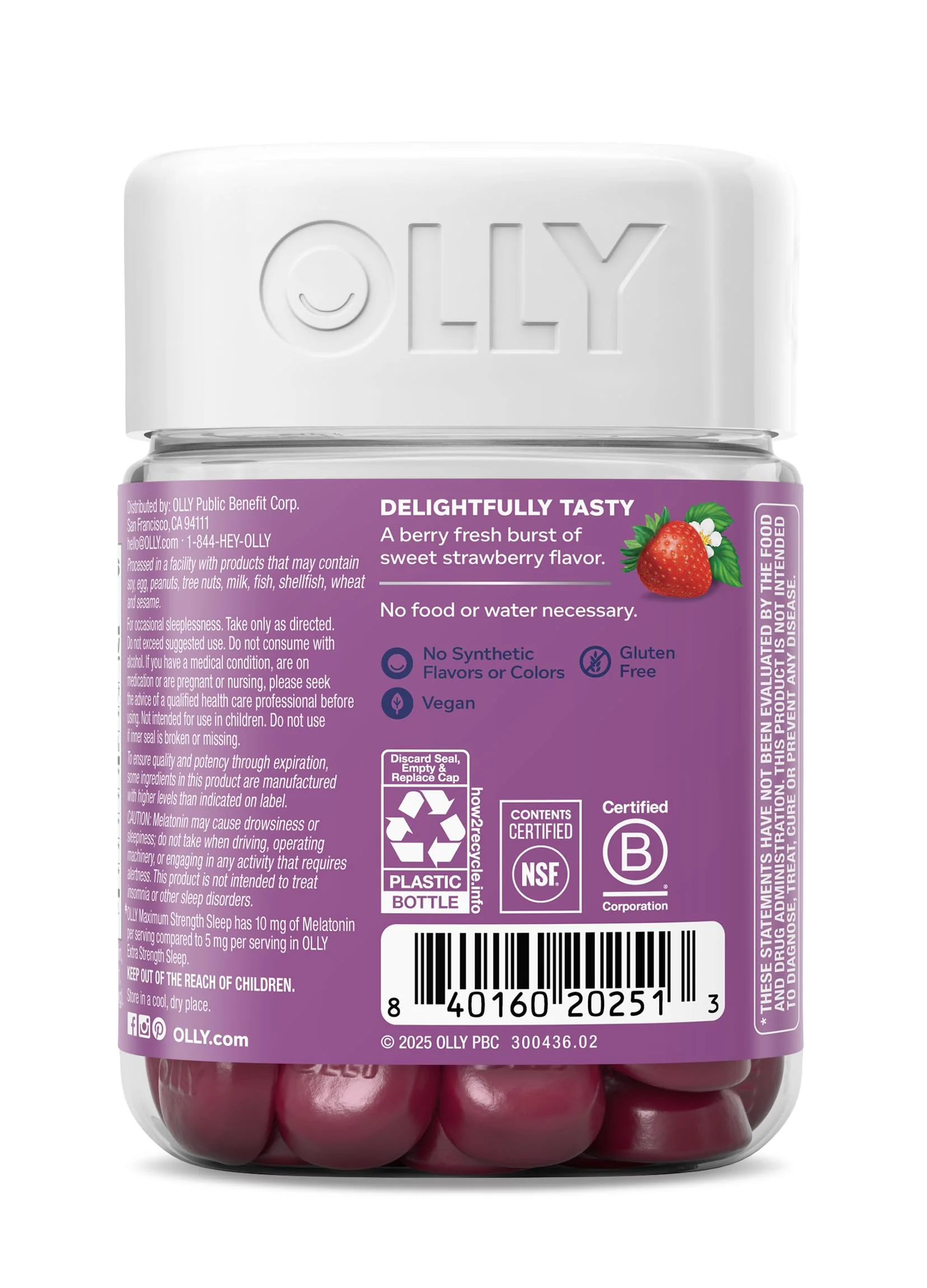 OLLY Max Strength Sleep Gummy, 10mg Melatonin, L-Theanine, Chamomile, Lemon Balm, Sugar Free, Vegetarian Sleep Aid, Strawberry - 50 Count - Image 3