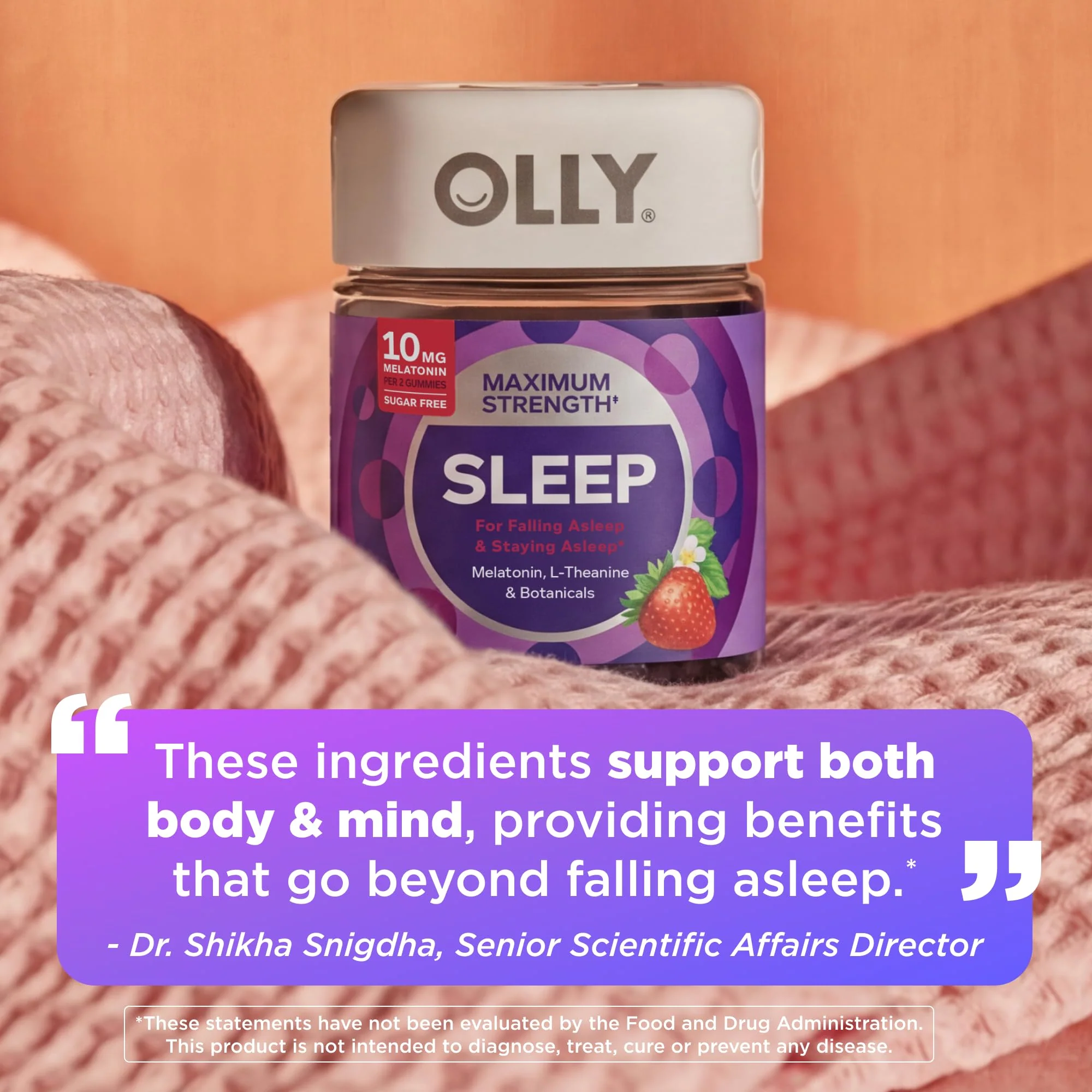 OLLY Max Strength Sleep Gummy, 10mg Melatonin, L-Theanine, Chamomile, Lemon Balm, Sugar Free, Vegetarian Sleep Aid, Strawberry - 50 Count - Image 8