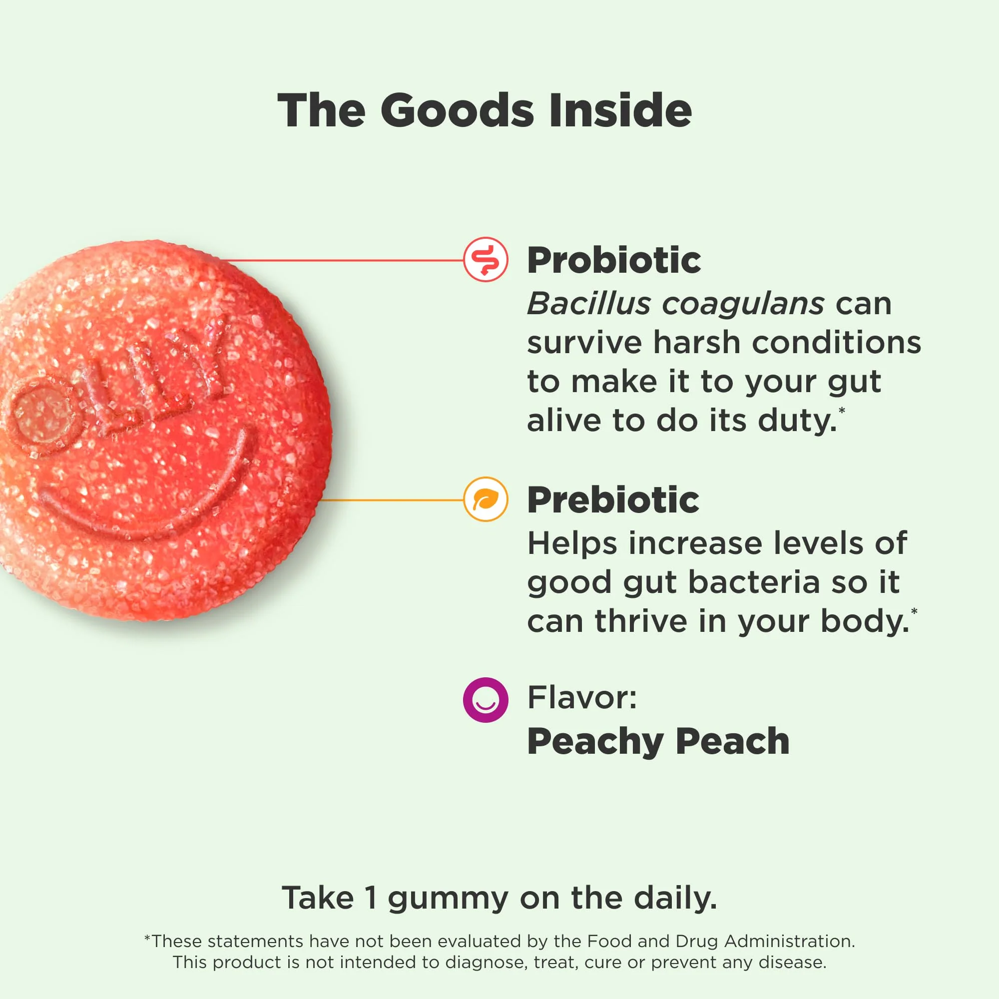 OLLY Probiotic + Prebiotic Gummy, Digestive Support and Gut Health, 500 Million CFUs, Fiber, Adult Chewable Supplement for Men and Women, Peach, 30 Day Supply - 30 Count - Image 9