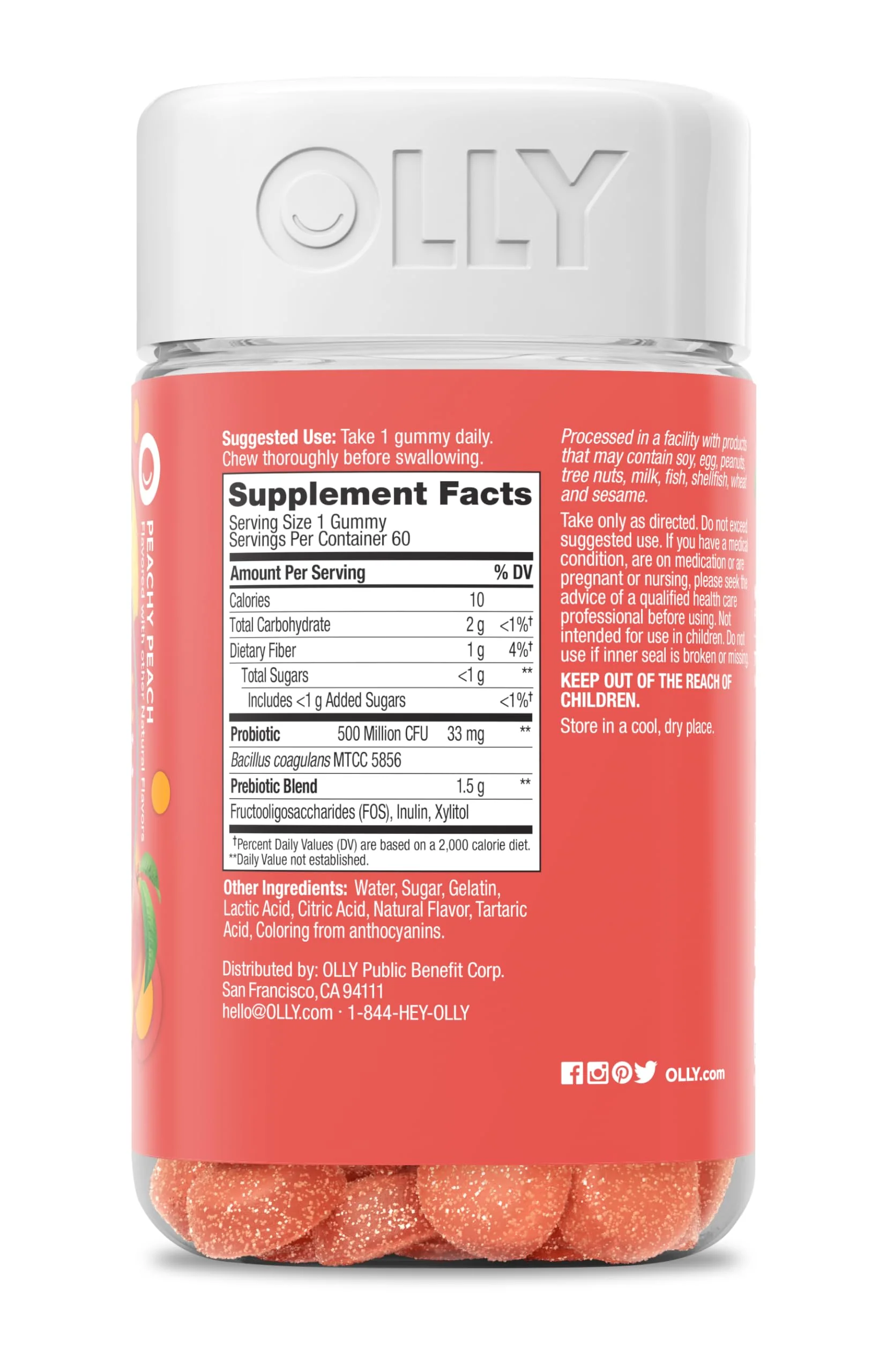 OLLY Probiotic + Prebiotic Gummy, Digestive Support and Gut Health, 500 Million CFUs, Fiber, Adult Chewable Supplement for Men and Women, Peach, 60 Day Supply - 60 Count - Image 4