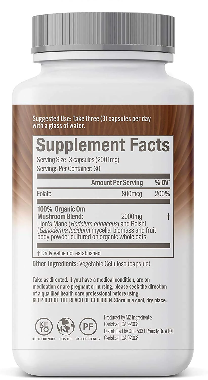 OM MUSHROOM SUPERFOOD Brain Fuel Mushroom Powder Capsules Superfood Supplement, 90 Count, 30 Days, Lion's Mane, Reishi Blend Plus Folate, Mental Clarity, Mushroom Supplement - Image 8