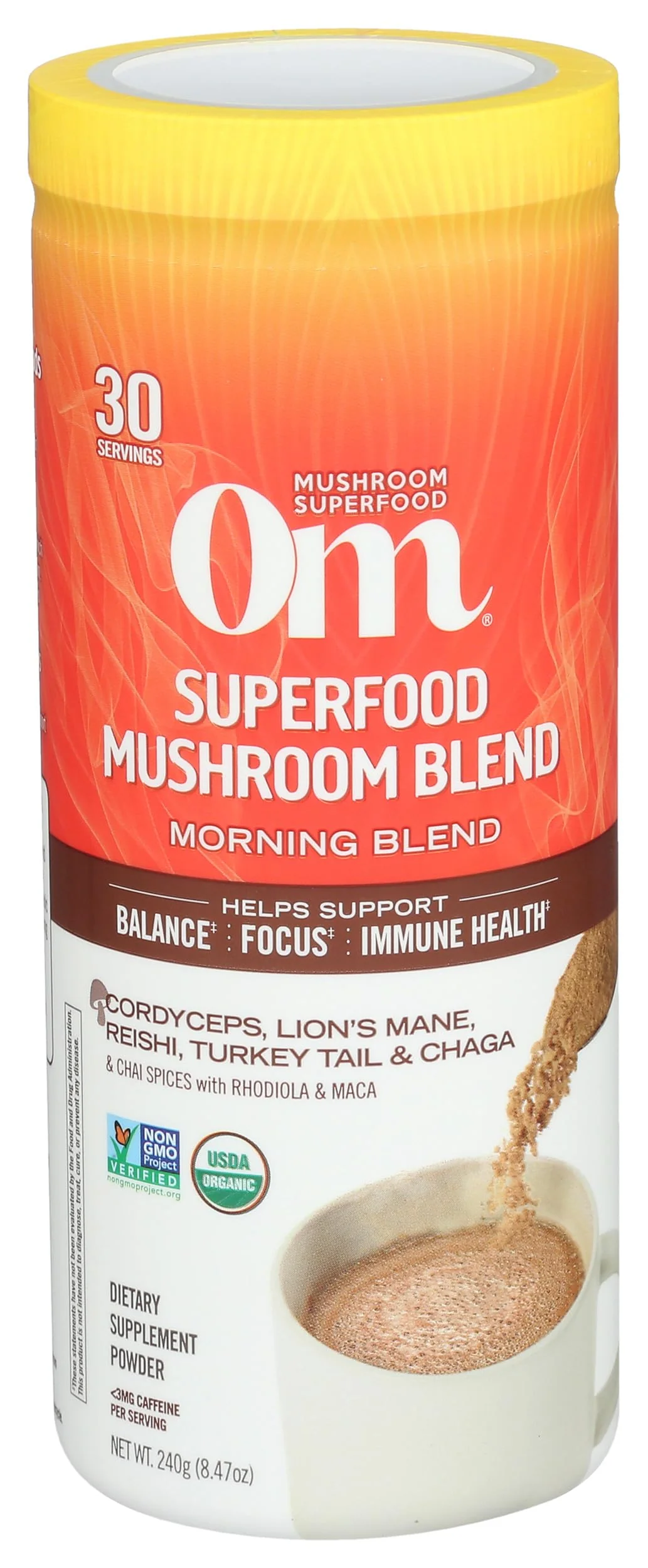 OM MUSHROOM SUPERFOOD Morning Energy Blend – Caffeine-Free Powder with Cordyceps, Lion’s Mane, Rhodiola & Vitamin D2 – Supports Energy, Focus & Endurance – 8.47 oz Canister (30 Servings) - Image 7
