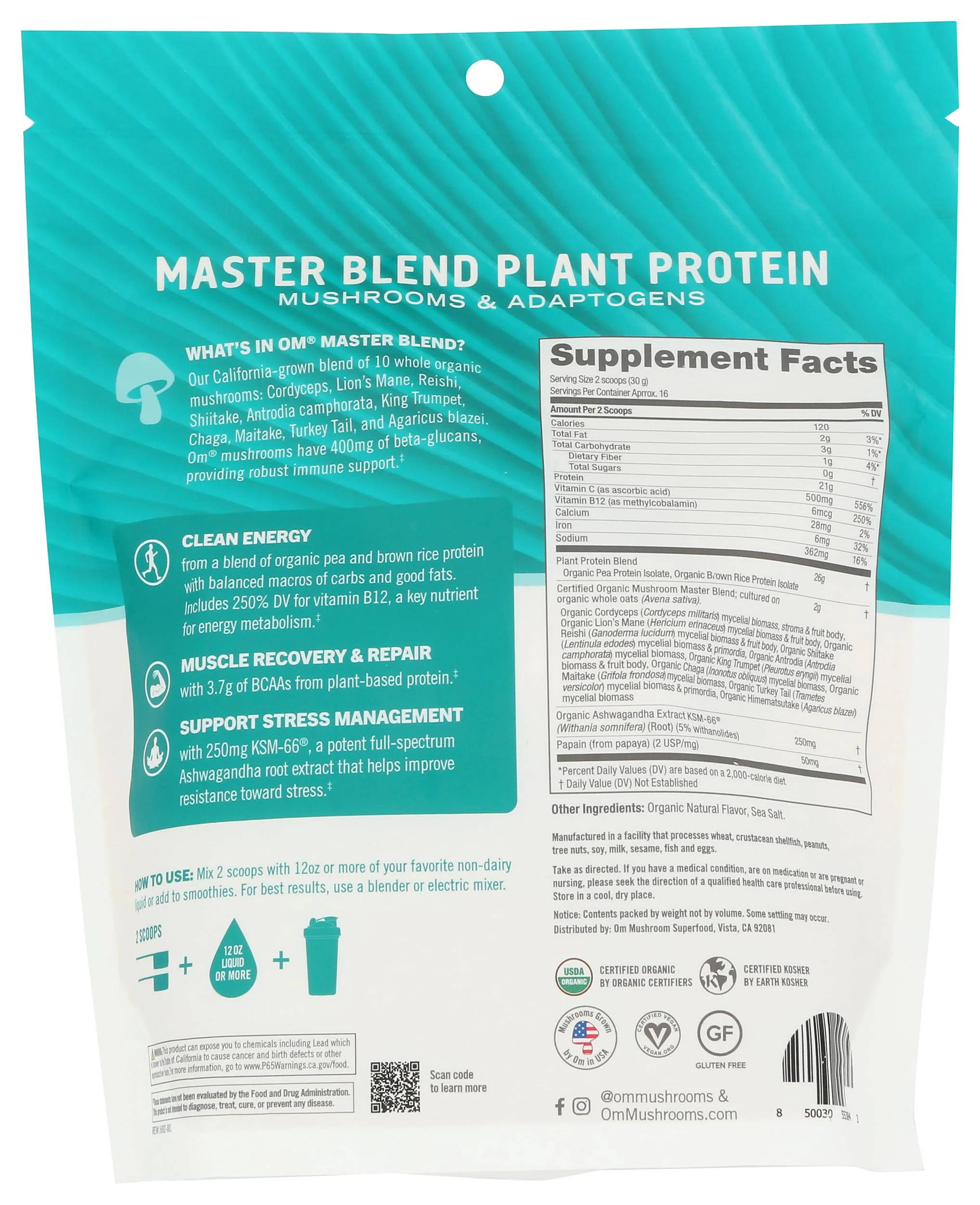 Om Mushroom Superfood, Protein Master Blend Original Unsweetened Organic, 17.07 Ounce - Image 6