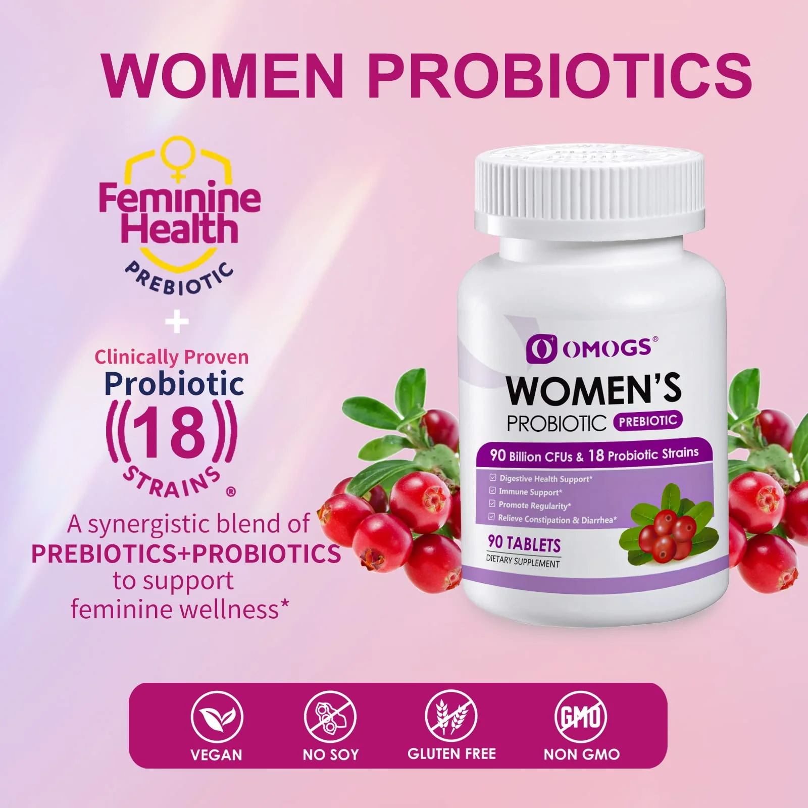 OMOGS Women's Probiotic, with Cranberry Extract, Organic Prebiotics & Vitamin C, 90 Billion CFUs,18 Strains, Help for Boost Immune, Digestive, Gut Health & Women's Health, Gluten & Soy Free,90 Tablets - Image 5