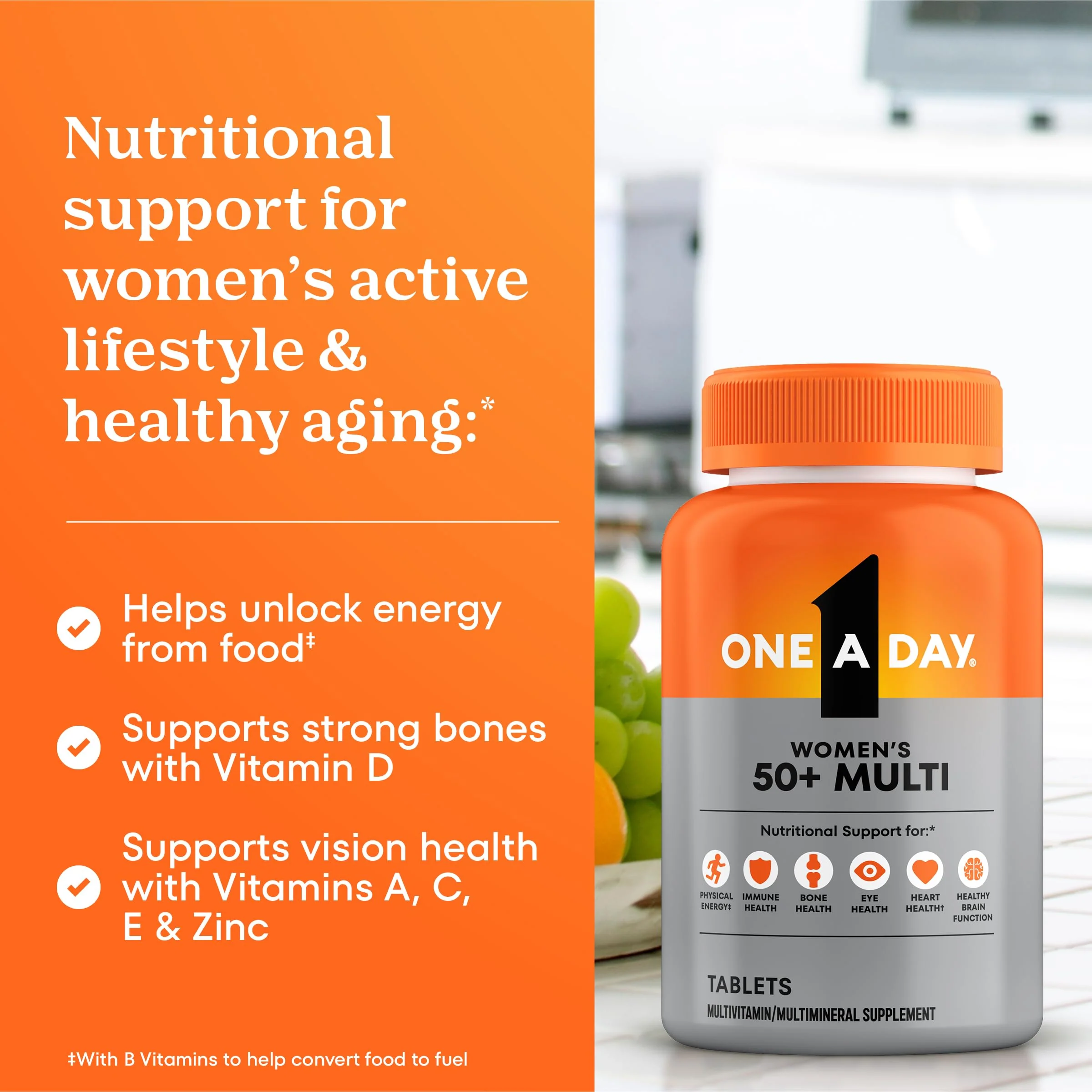 One A Day Multivitamin for Women 50 and Over Tablets, Womens Multivitamin 50 Plus with Vitamins D, C, E, Zinc & Biotin, Daily Vitamins for Woman 50+, 200 Ct (Packaging May Vary) - Image 8