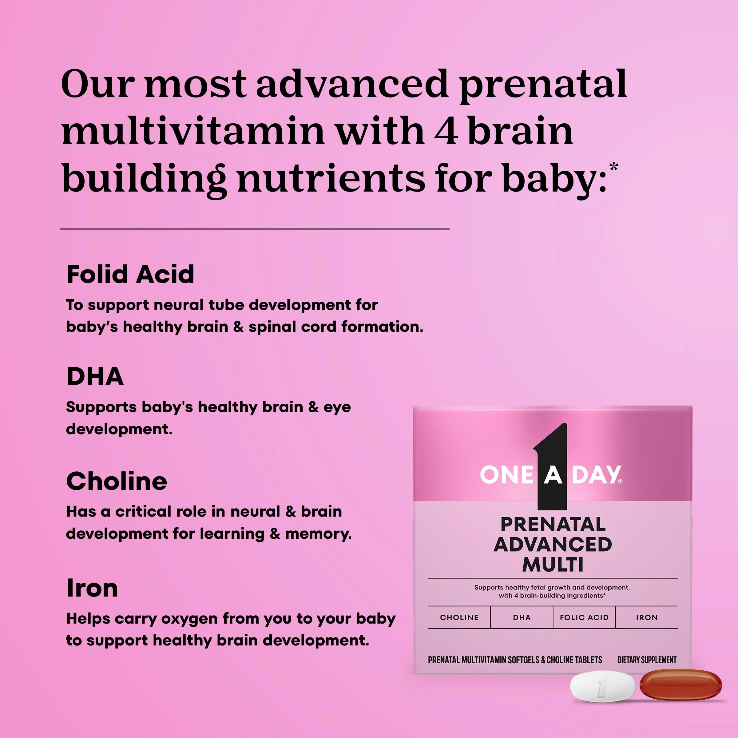 One A Day Prenatal Advanced- Prenatal Vitamins with Folic Acid, Choline, DHA & Iron, Pregnancy Vitamins for Women to Support Baby’s Development, 60+60 Ct (120 Total Set) (Packaging May Vary) - Image 7
