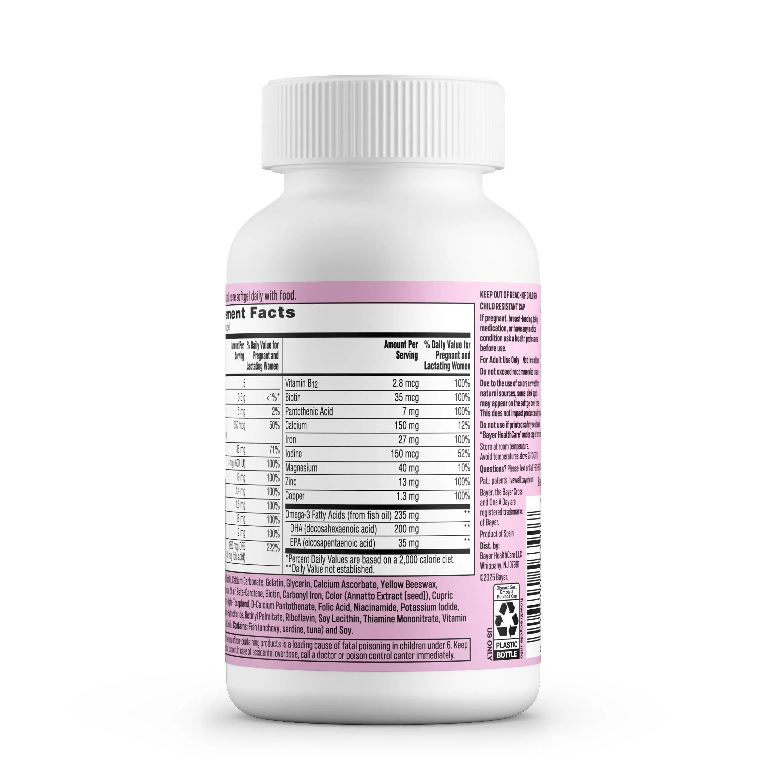 One A Day Prenatal Vitamins- Folic Acid, Iron, Omega- 3 (DHA), Pregnancy Vitamins for Women, Prenatal Multivitamin for Mom and Baby Support, Pregnancy Must Haves 90 Ct (Packaging May Vary) - Image 2