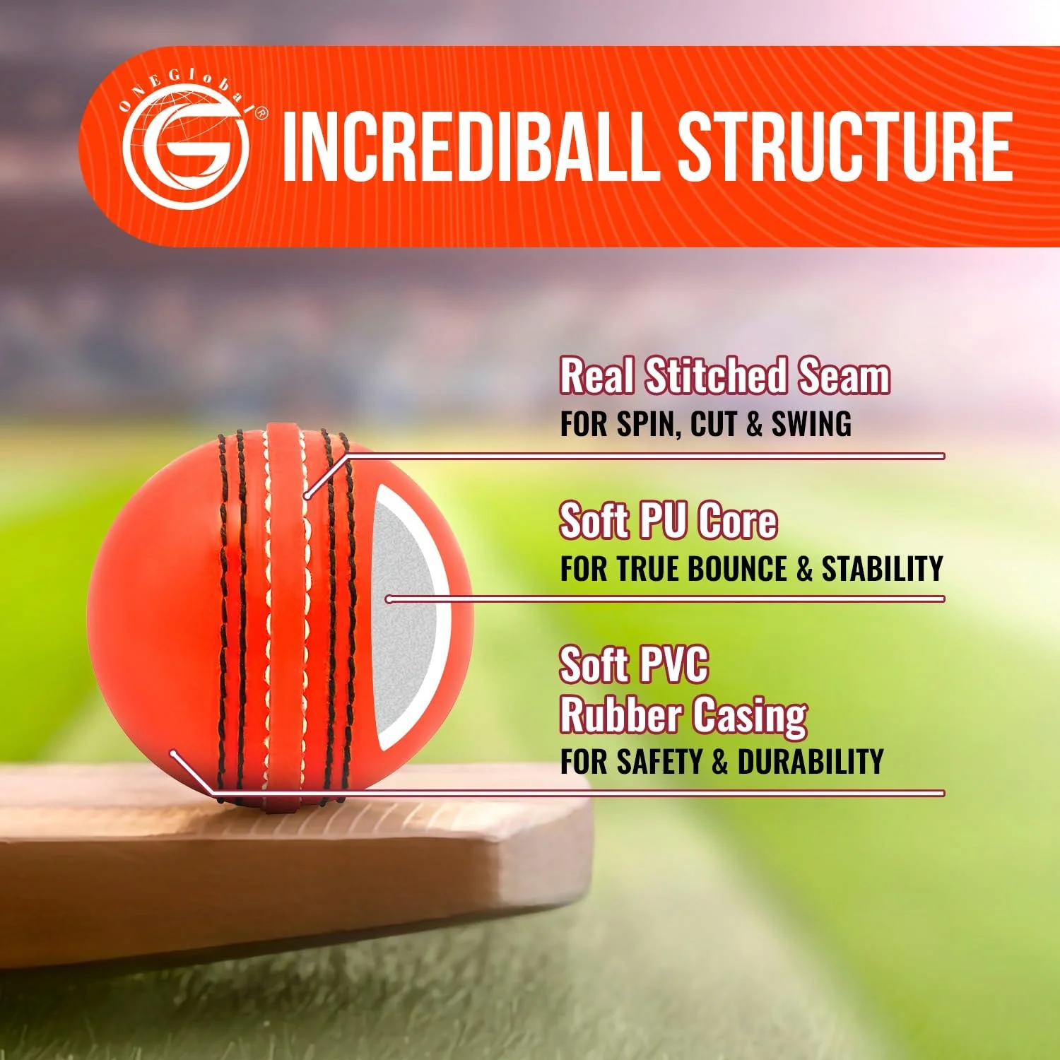 ONEGlobal Soft Indoor Outdoor Incrediball Practice Cricket Ball | Rubber Cricket Ball with Soft Core & Real Stitched Seam | for Practice, Coaching, Honing Skills & Family Fun | 7 Colours (3-Orange) - Image 6