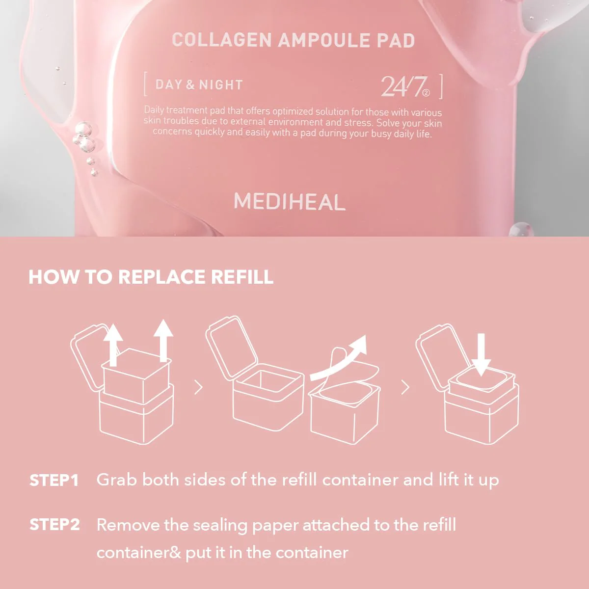 (Only Refill) Mediheal Collagen Ampoule Pad (100 Pads) - Cotton Facial Toner Pads for Skin Firming & Restore Elasticity - Vegan Eco Silk Pad - Image 3