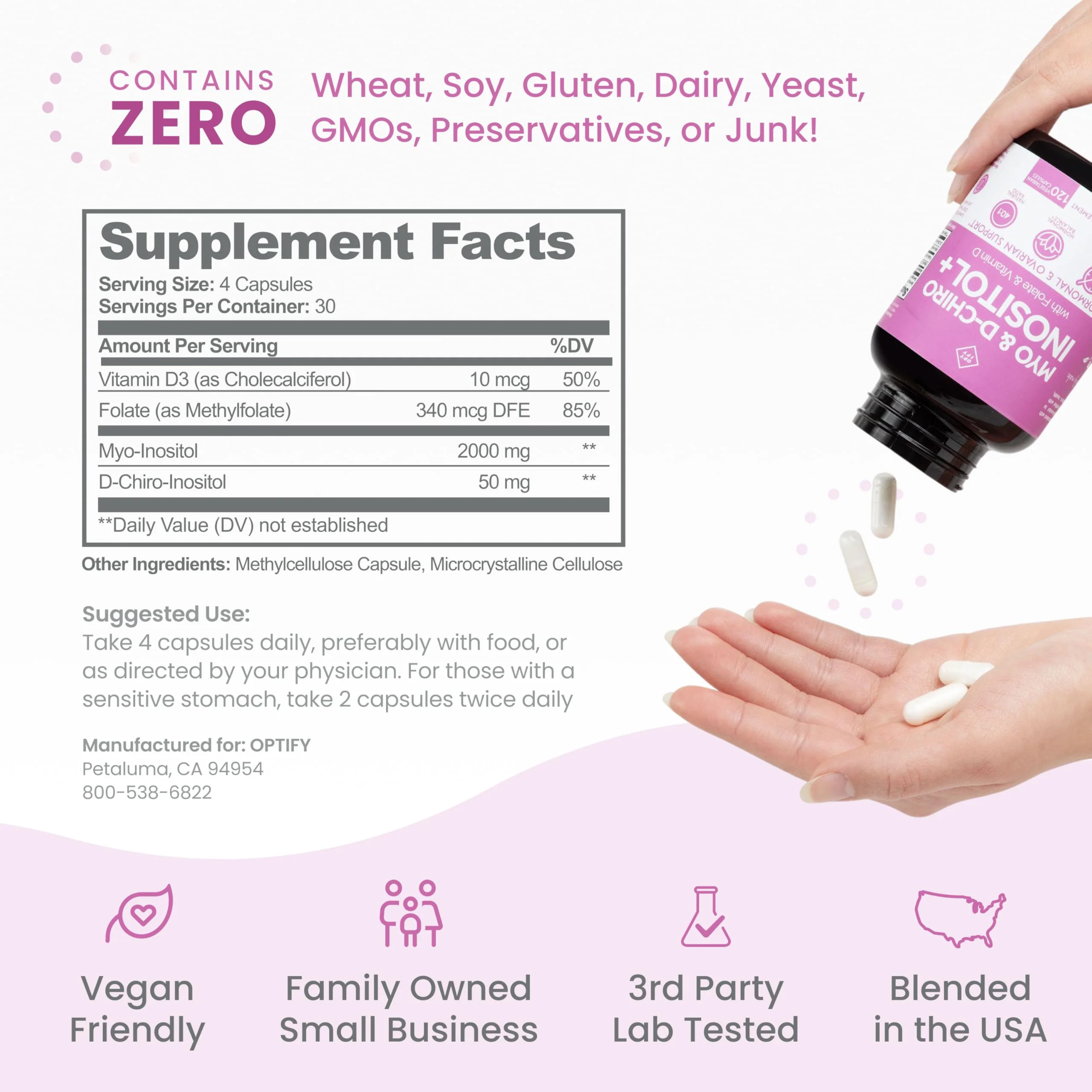 Optify Myo-Inositol & D-Chiro Inositol Supplement for Women – 40:1 Ratio Plus Folate and Vitamin D – Support Healthy Hormonal Balance, Regular Cycles, & Ovarian Health – 30-Day Supply - Image 3
