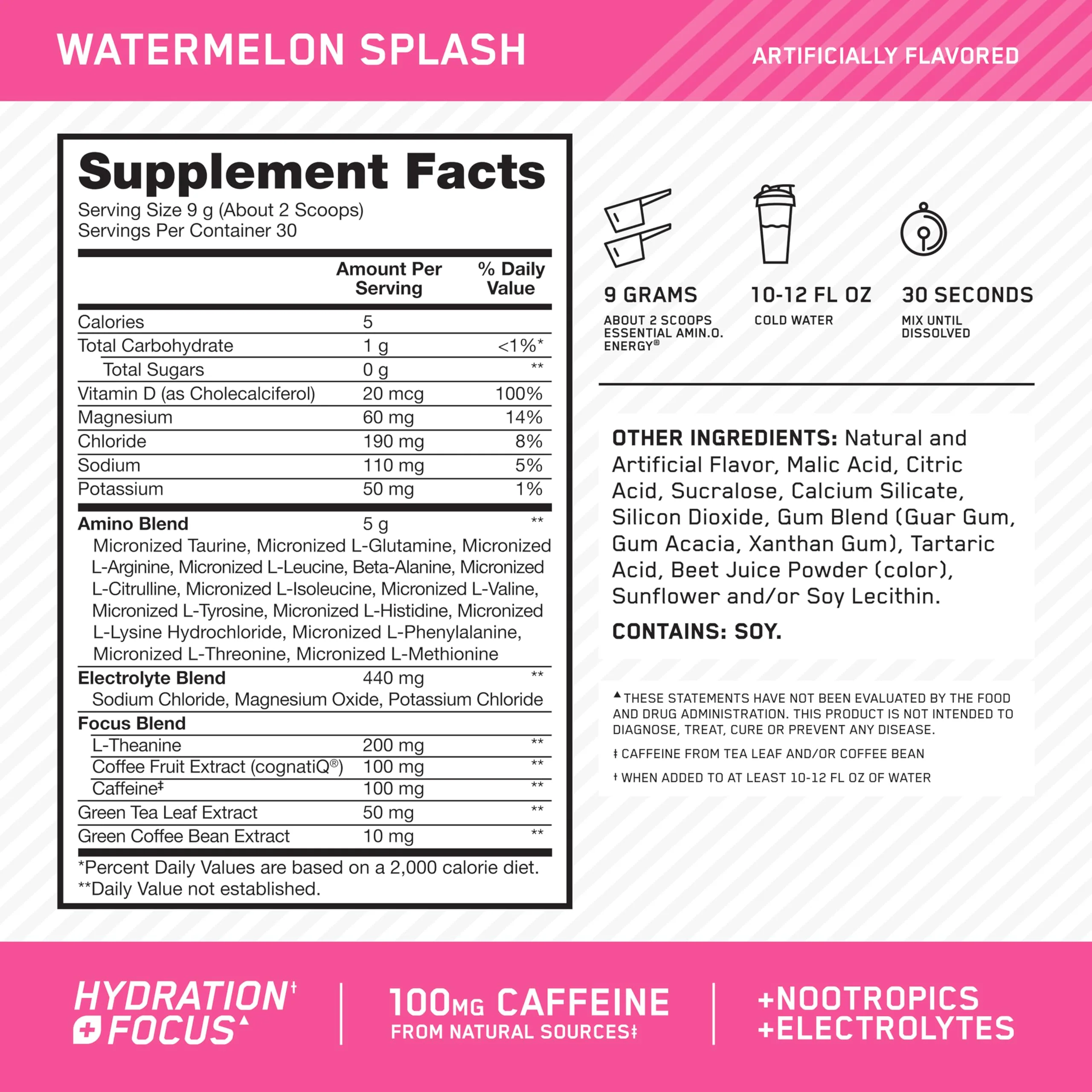 Optimum Nutrition Amino Energy Powder Plus Focus, with BCAA, Electrolytes, and Caffeine, Watermelon, 30 Servings (Packaging May Vary) - Image 11