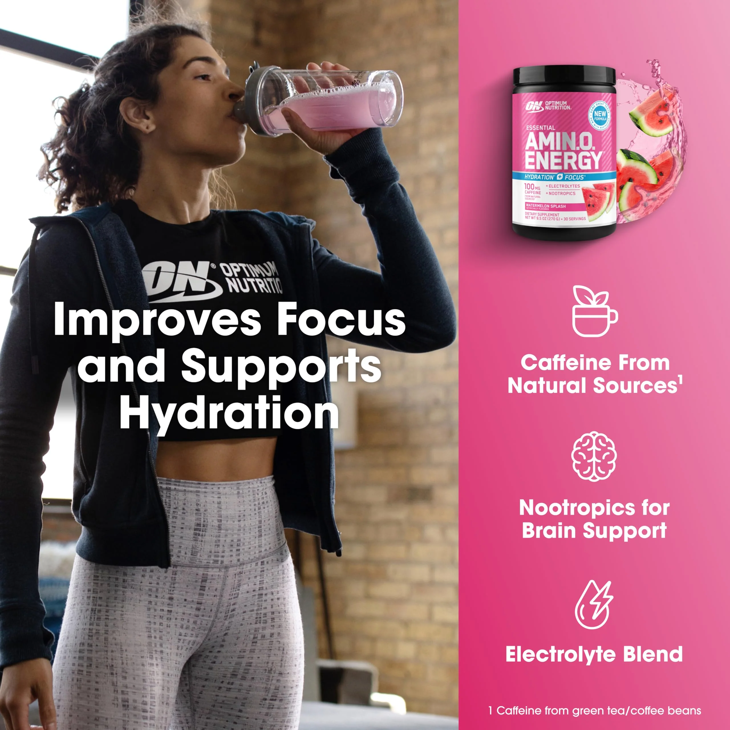 Optimum Nutrition Amino Energy Powder Plus Focus, with BCAA, Electrolytes, and Caffeine, Watermelon, 30 Servings (Packaging May Vary) - Image 8