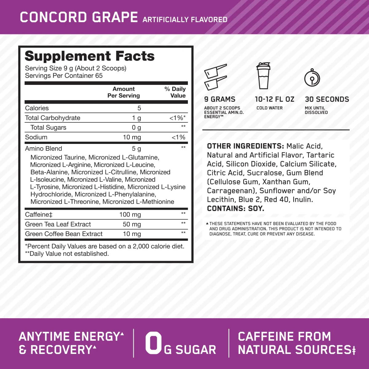 Optimum Nutrition Amino Energy - Pre Workout with Green Tea, BCAA, Amino Acids, Keto Friendly, Green Coffee Extract, Energy Powder - Concord Grape, 65 Servings (Packaging May Vary) - Image 6