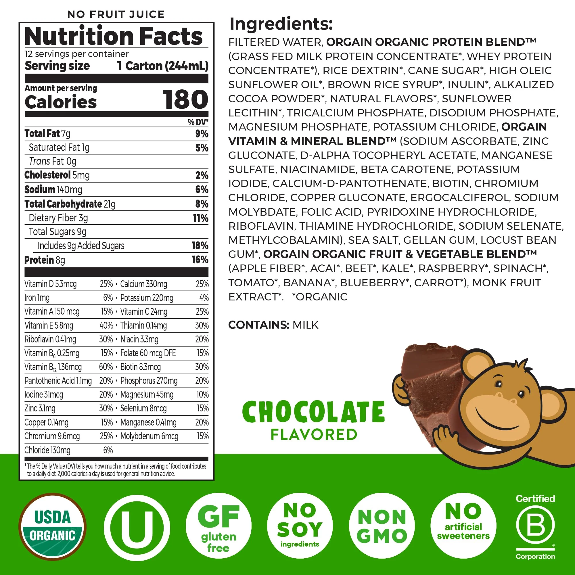 Orgain Organic Kids Nutritional Protein Shake, Chocolate, Healthy Kids Snacks, 8g Dairy Protein, 3g Fiber, 22 Vitamins & Minerals, No Soy Ingredients, Gluten Free, Non-GMO, 8.25 Fl Oz (Pack of 12) - Image 7