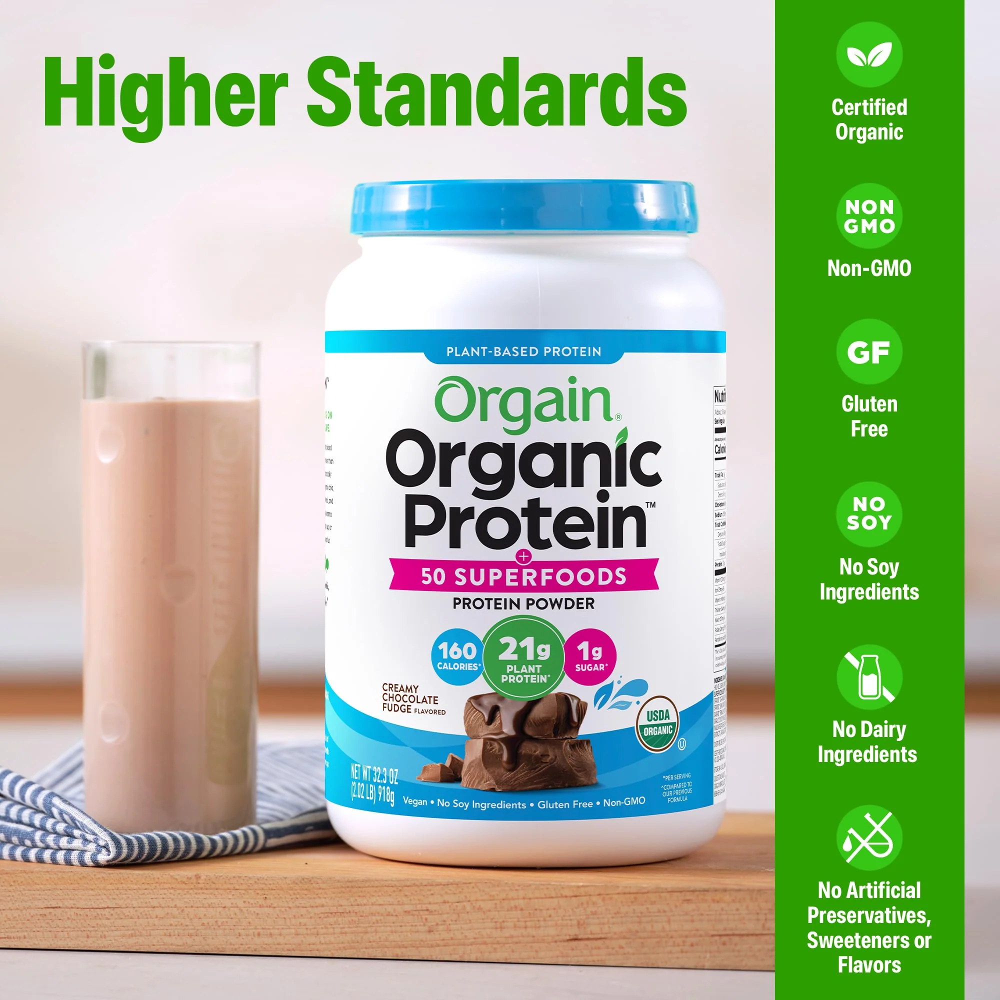 Orgain Organic Vegan Protein + 50 Superfoods Powder, Creamy Chocolate Fudge - 21g Plant Based Protein, 9g Prebiotic Fiber, No Lactose, Gluten Free, No Added Sugar, 2.02 lb (Packaging May Vary) - Image 7