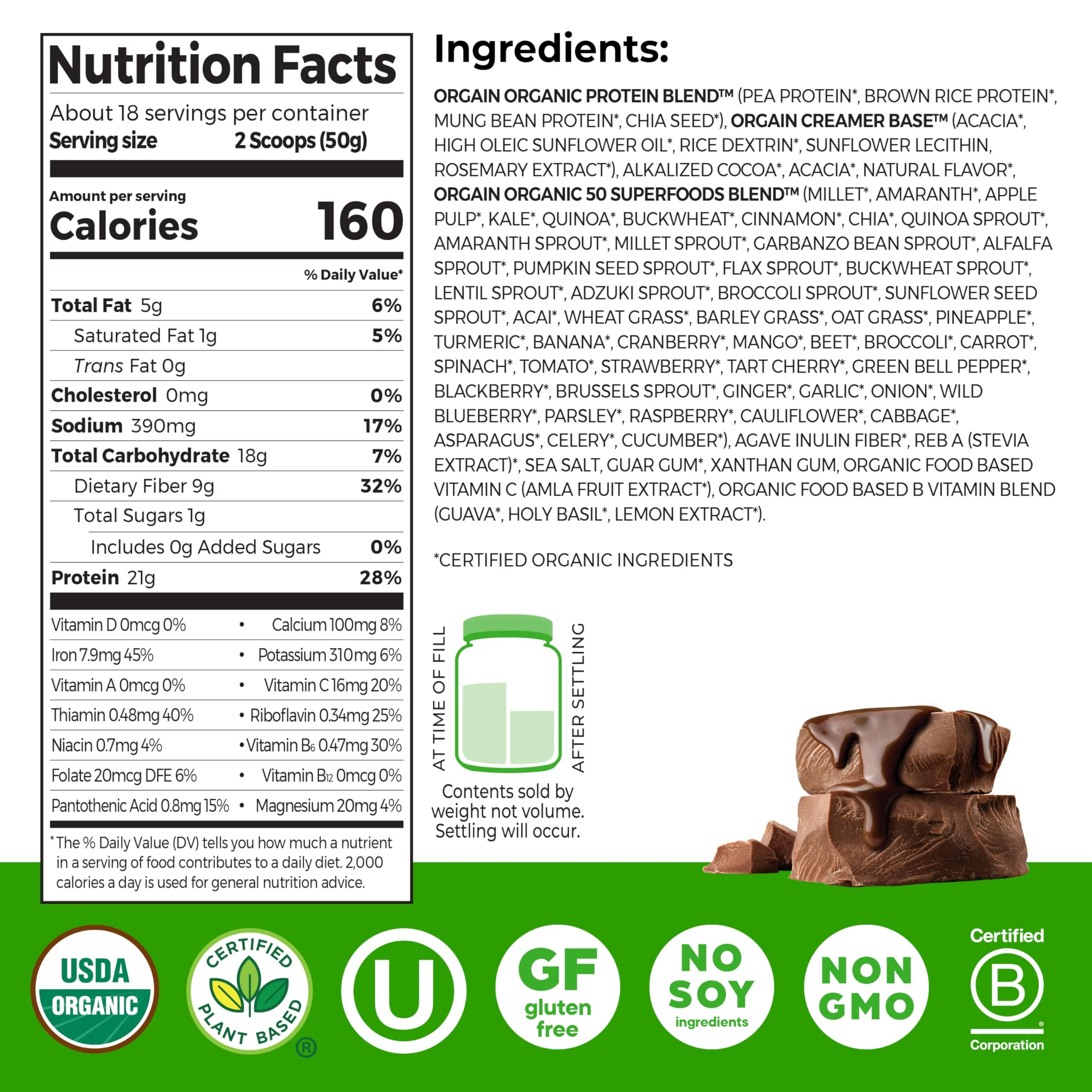 Orgain Organic Vegan Protein + 50 Superfoods Powder, Creamy Chocolate Fudge - 21g Plant Based Protein, 9g Prebiotic Fiber, No Lactose, Gluten Free, No Added Sugar, 2.02 lb (Packaging May Vary) - Image 8