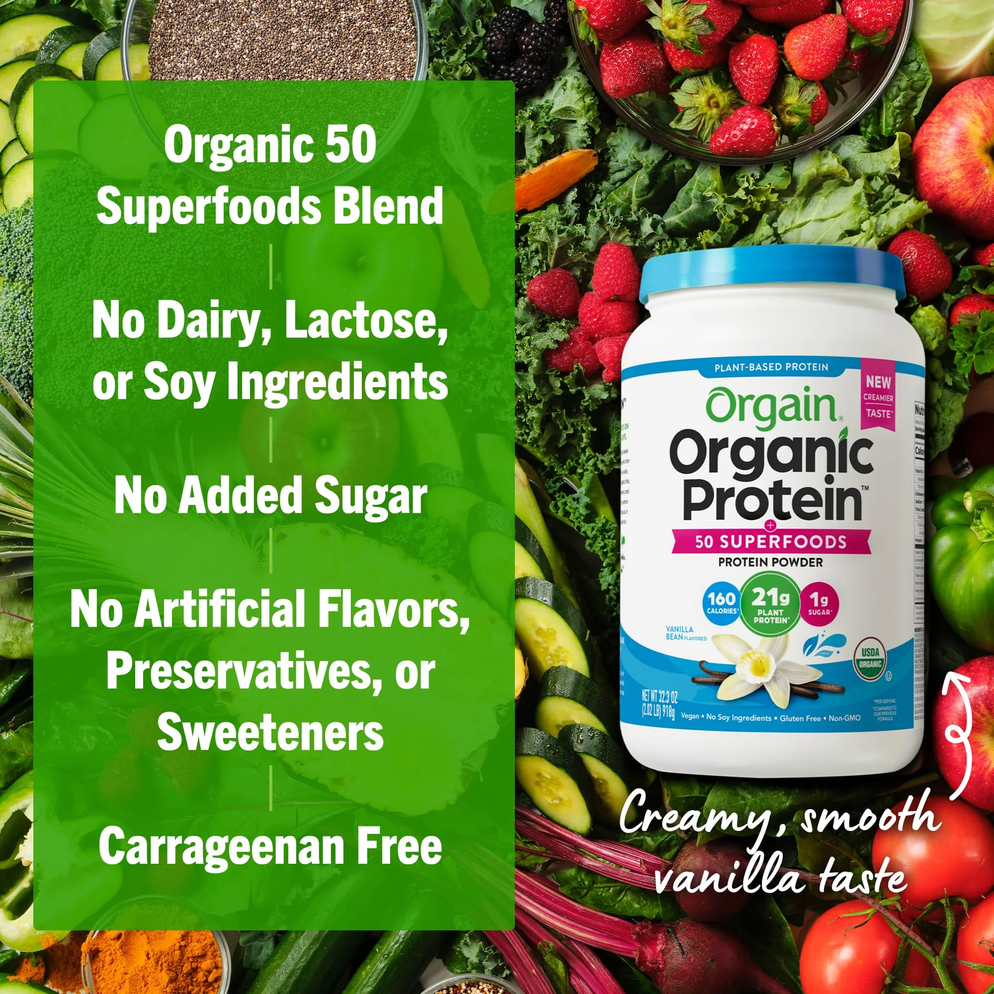 Orgain Organic Vegan Protein + 50 Superfoods Powder, Vanilla Bean - 21g Plant Based Protein, 8g Prebiotic Fiber, No Lactose Ingredients, Gluten Free, No Added Sugar, Non-GMO, 2.02 lb - Image 4