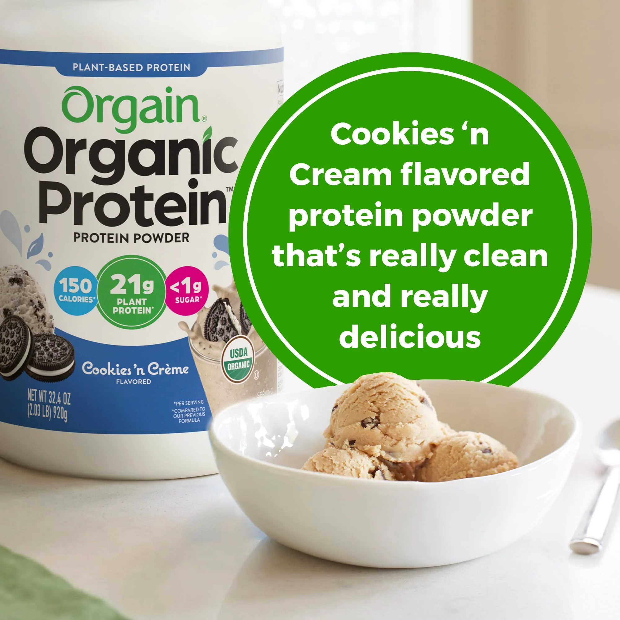 Orgain Organic Vegan Protein Powder, Cookies & Cream - 21g Plant Based Protein, 7g Prebiotic Fiber, Low Net Carb, No Lactose Ingredients, No Added Sugar, Non-GMO, For Shakes & Smoothies, 2.03 lb - Image 4